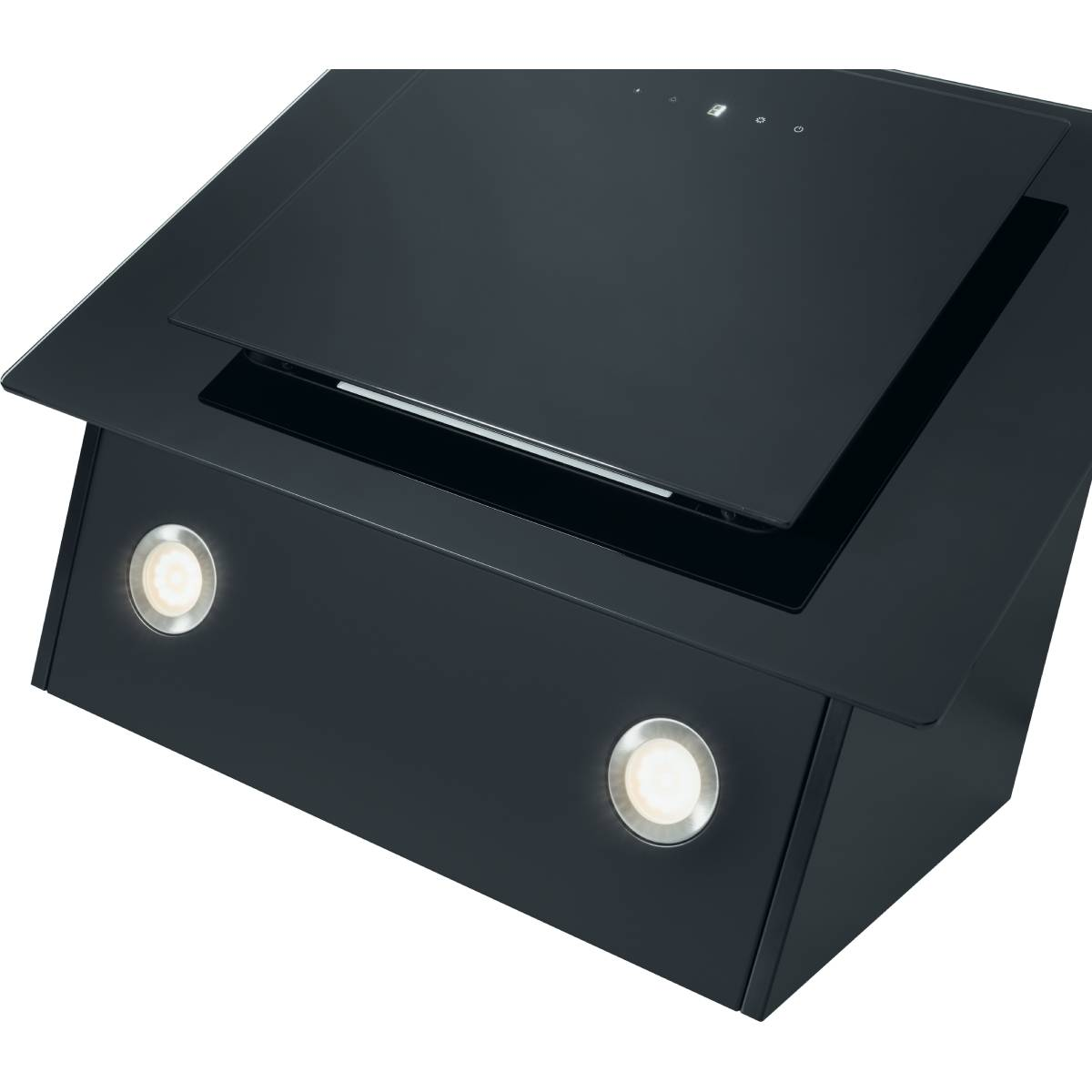 Una cappa da cucina nera con due luci, un pannello di vetro e uno sfondo bianco.