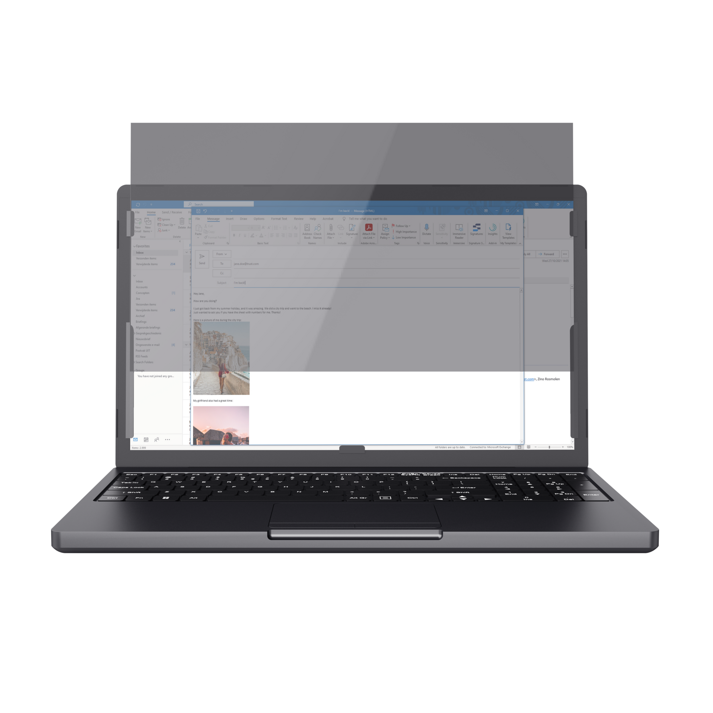 Un laptop che mostra un'interfaccia email con immagini. Lo schermo ha un bordo grigio chiaro.