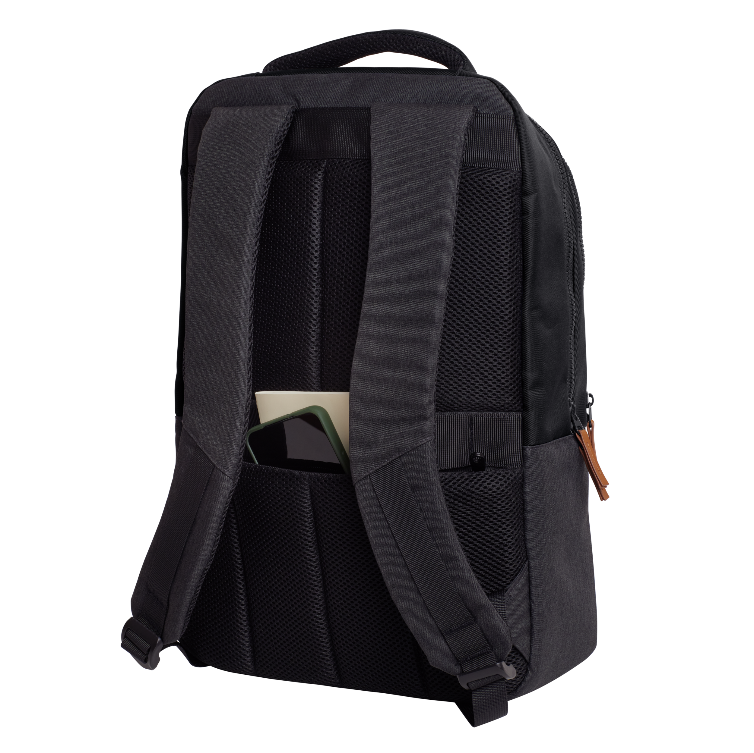 Black backpack with a pocket holding a phone and a card.