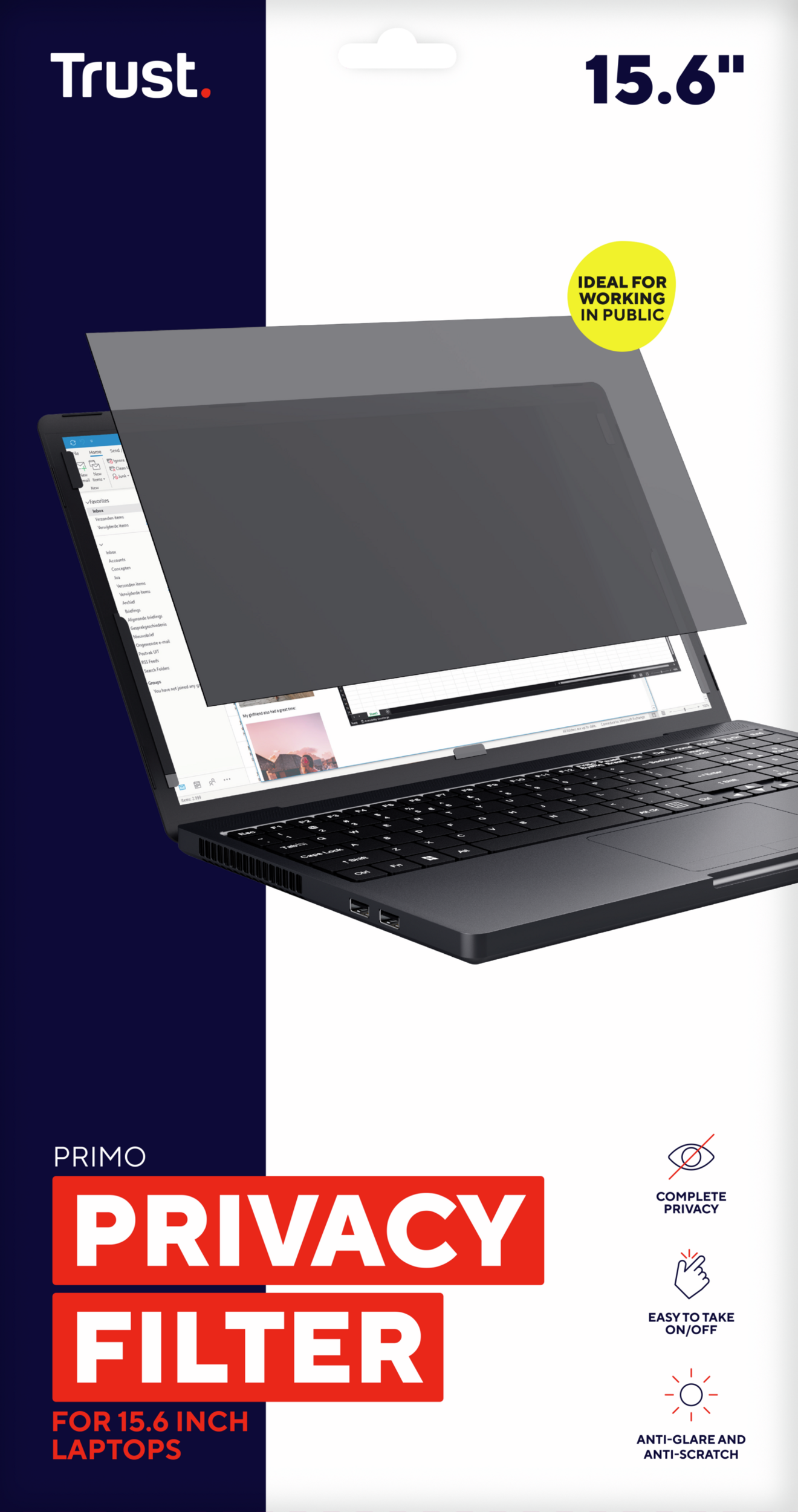 Uno schermo di un laptop con un filtro privacy e il testo 'PRIMO PRIVACY FILTER'.