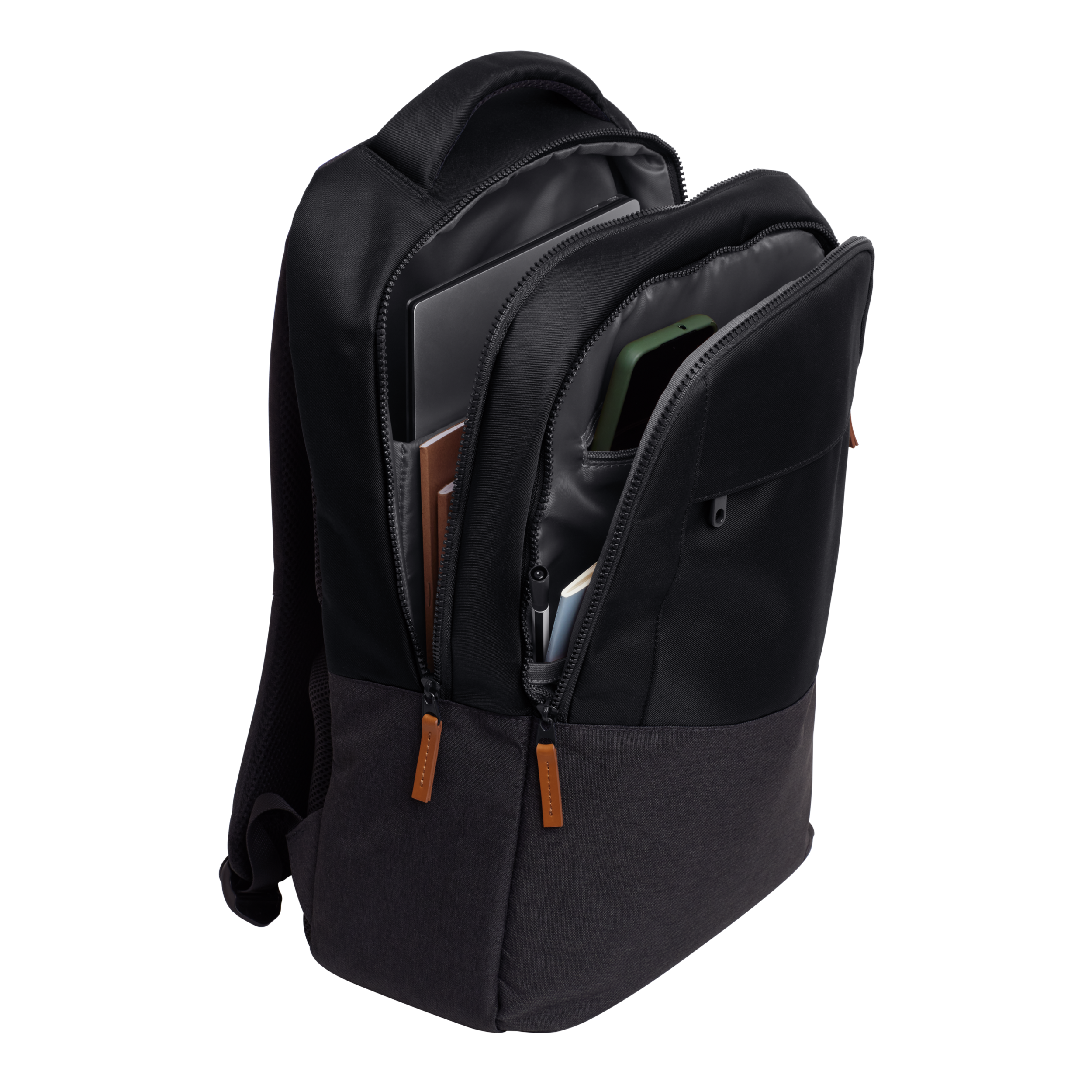 A black backpack with open compartments: a laptop, a tablet, and a pen.