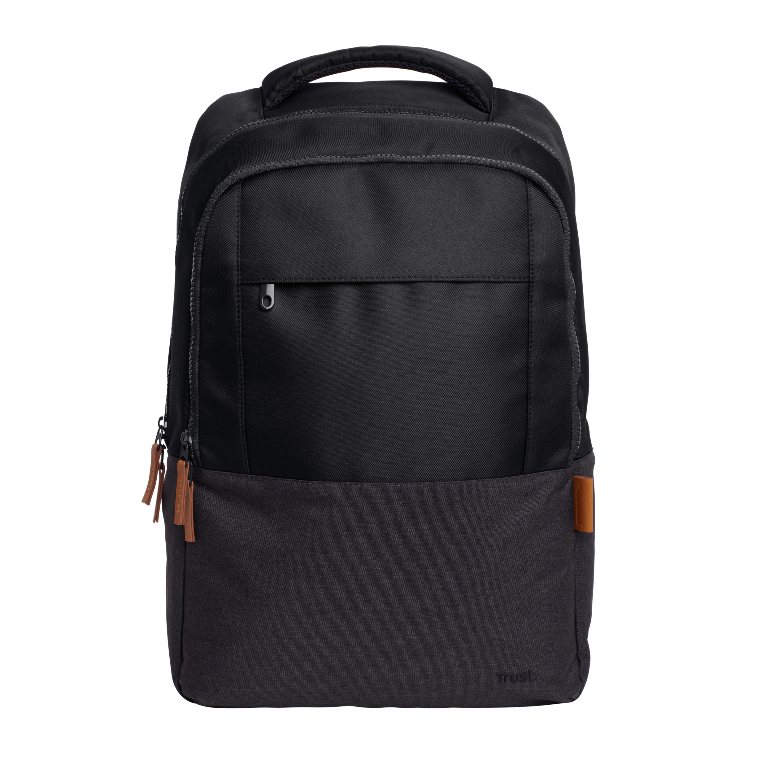 Black backpack with a brown handle and zipper pulls. Dark grey bottom section.