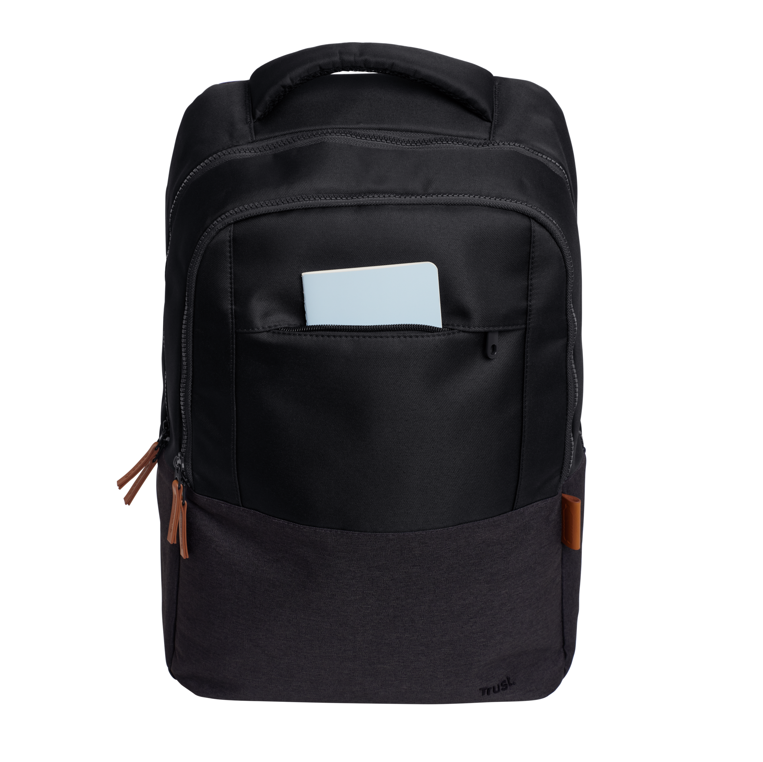 Black backpack with a light blue card in the front pocket, on a black background.