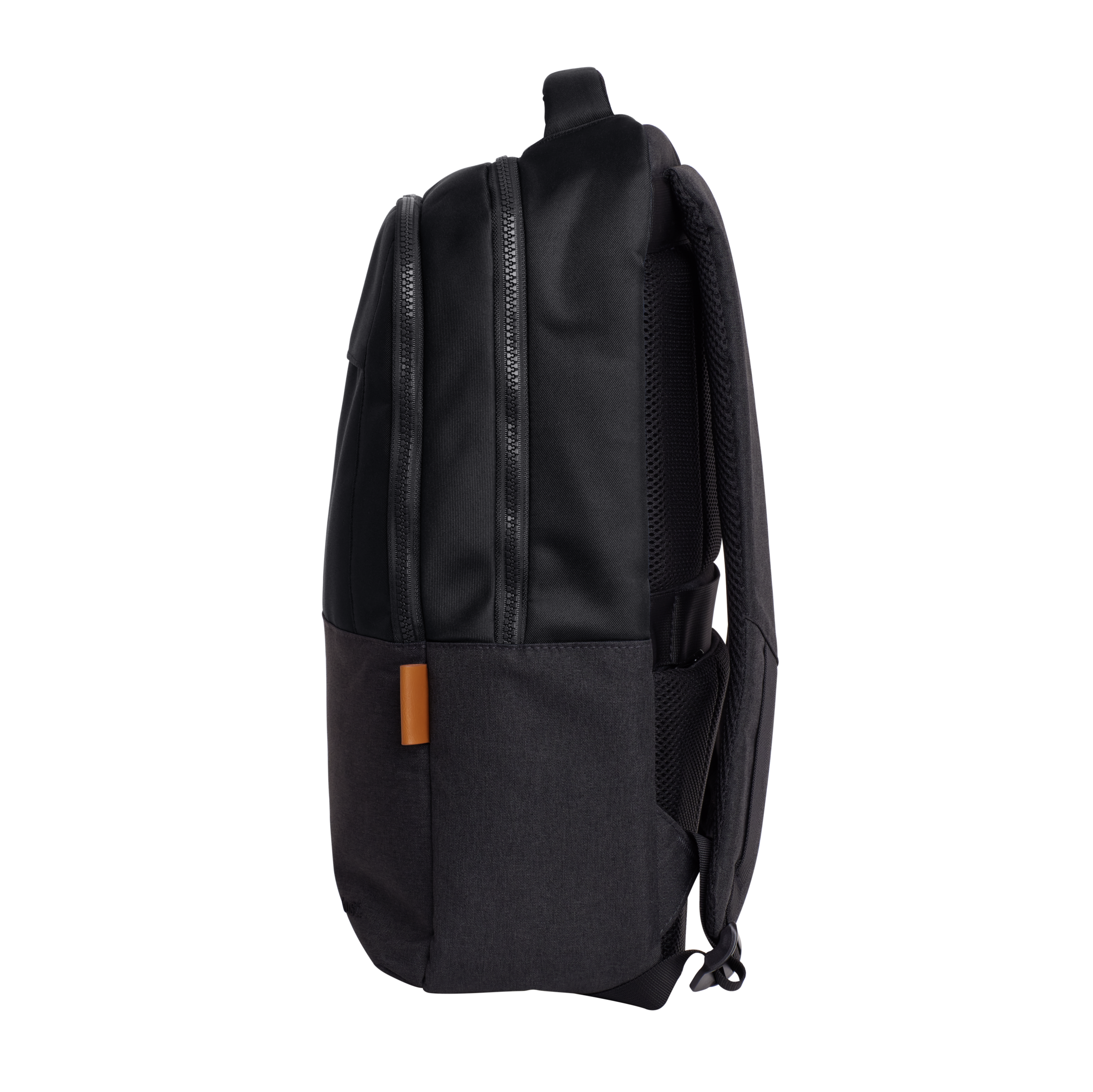 Black backpack with two zippers and a gray bottom section with an orange tab.