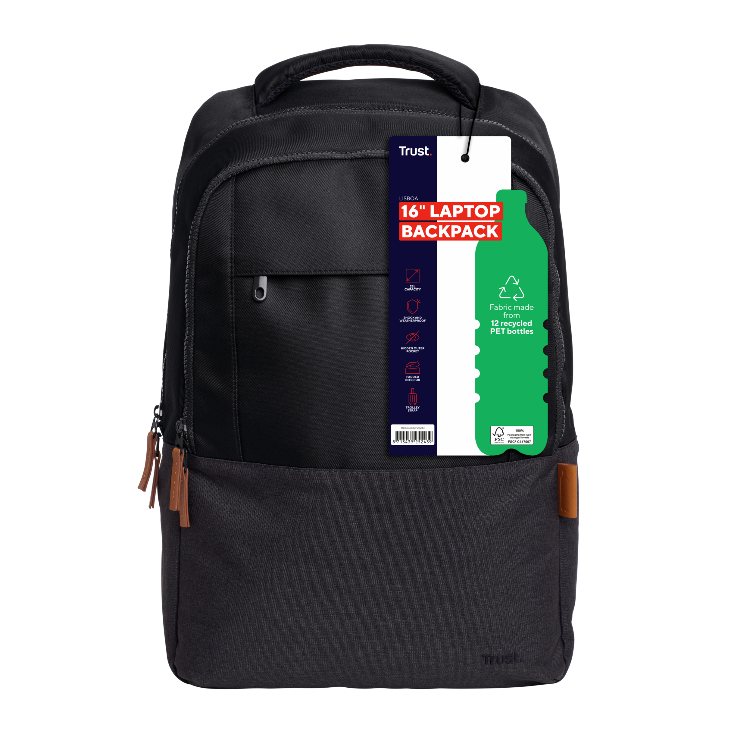 Black Trust 16" laptop backpack. The bag has a front pocket, a handle, and a tag mentioning recycled materials.