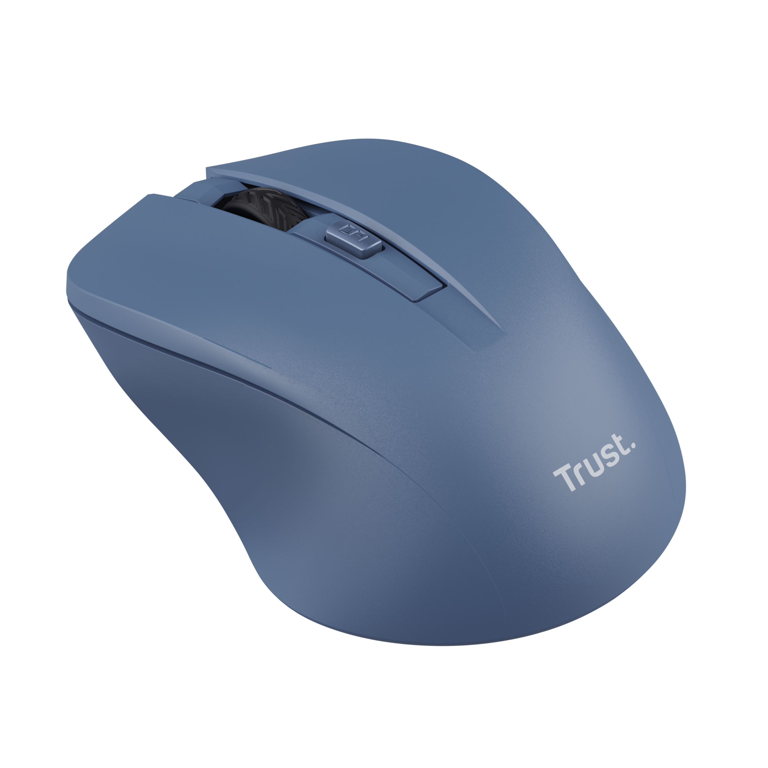 Eine blaue drahtlose Trust-Maus auf schwarzem Untergrund. Die Maus hat ein Scrollrad.