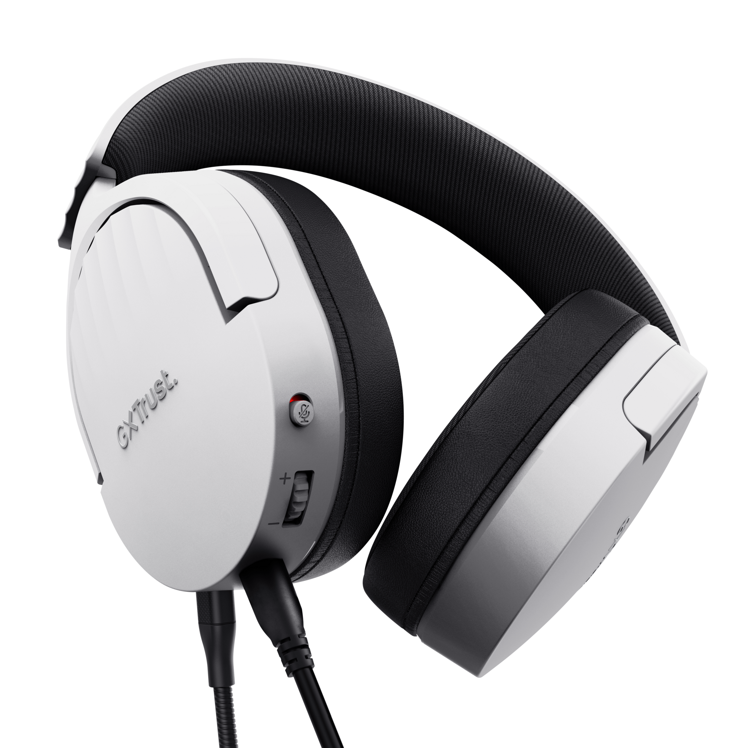 Biało-czarne słuchawki dla graczy na czarnym tle. Słuchawki mają mikrofon i regulację głośności.