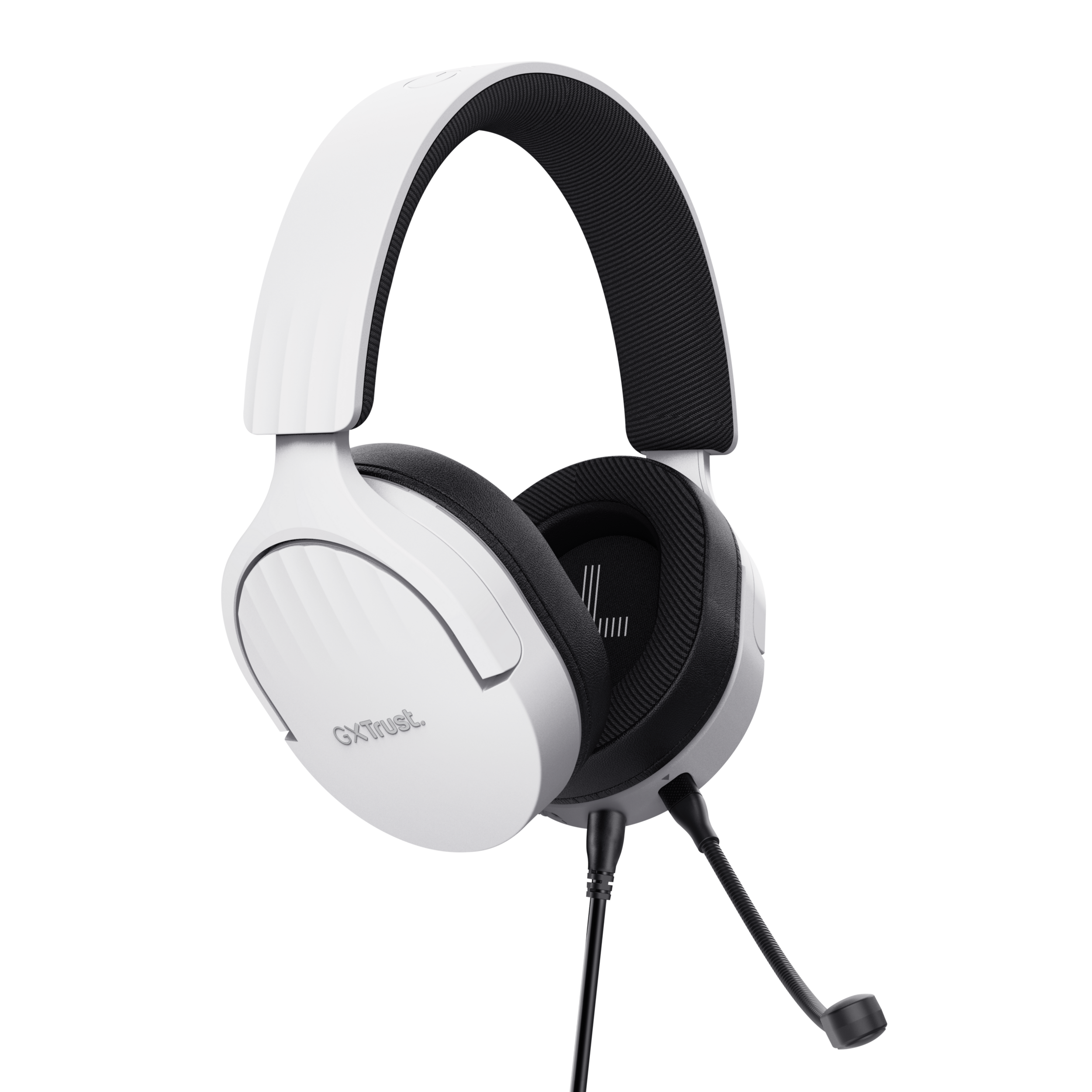 Biały zestaw słuchawkowy dla graczy z czarnym pałąkiem i mikrofonem, na czarnym tle.