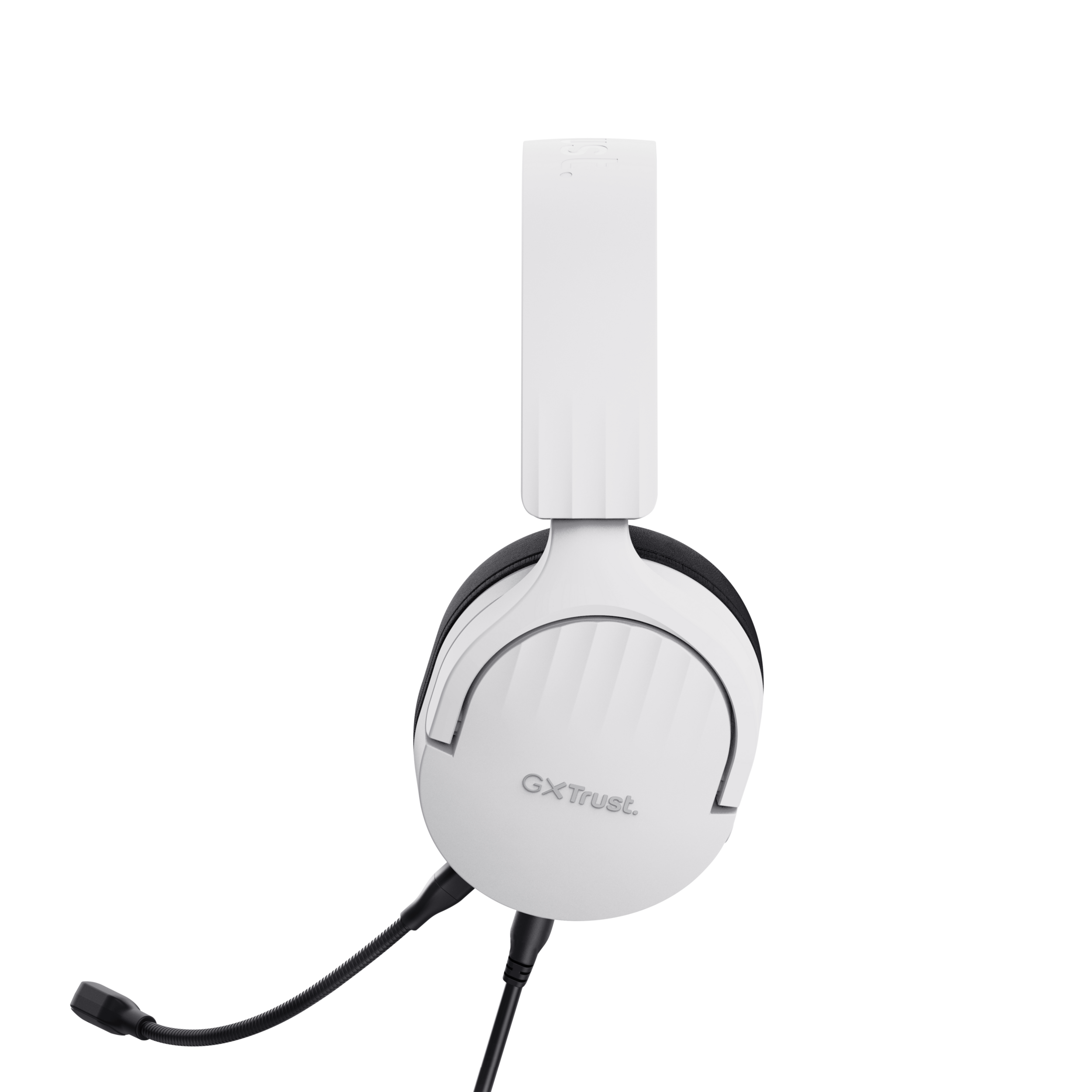 Białe słuchawki z czarnymi akcentami i mikrofonem na czarnym tle.