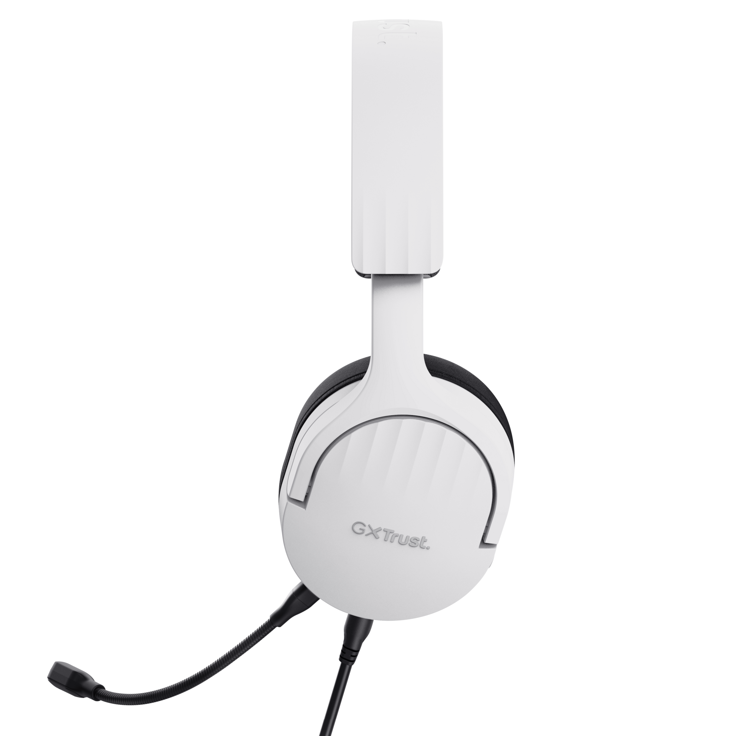 Biały zestaw słuchawkowy z mikrofonem. Czarny kabel. Czarne tło.