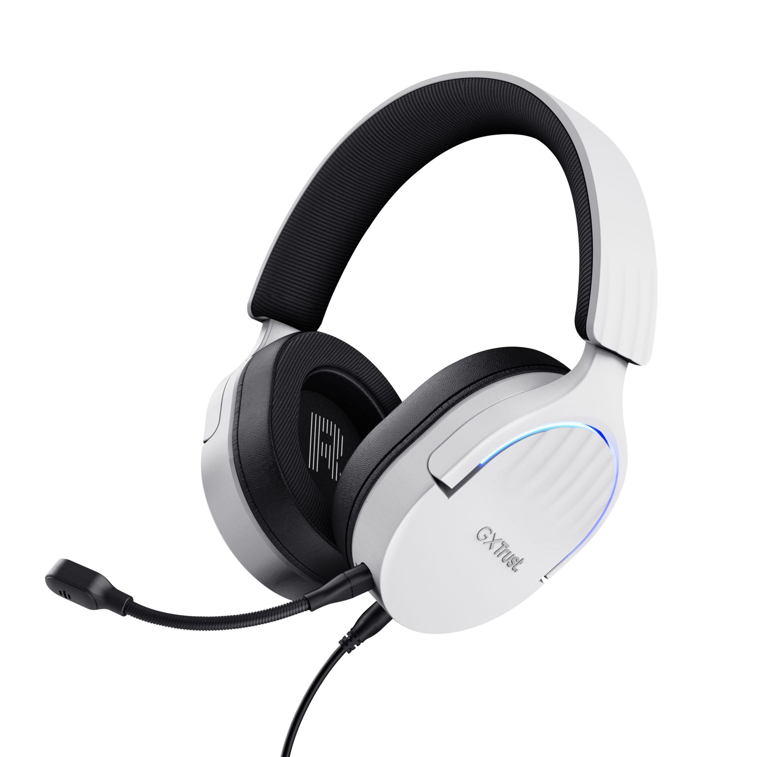 Biały zestaw słuchawkowy dla graczy z czarnym mikrofonem, czarnymi nausznikami i czarnym kablem na czarnym tle.