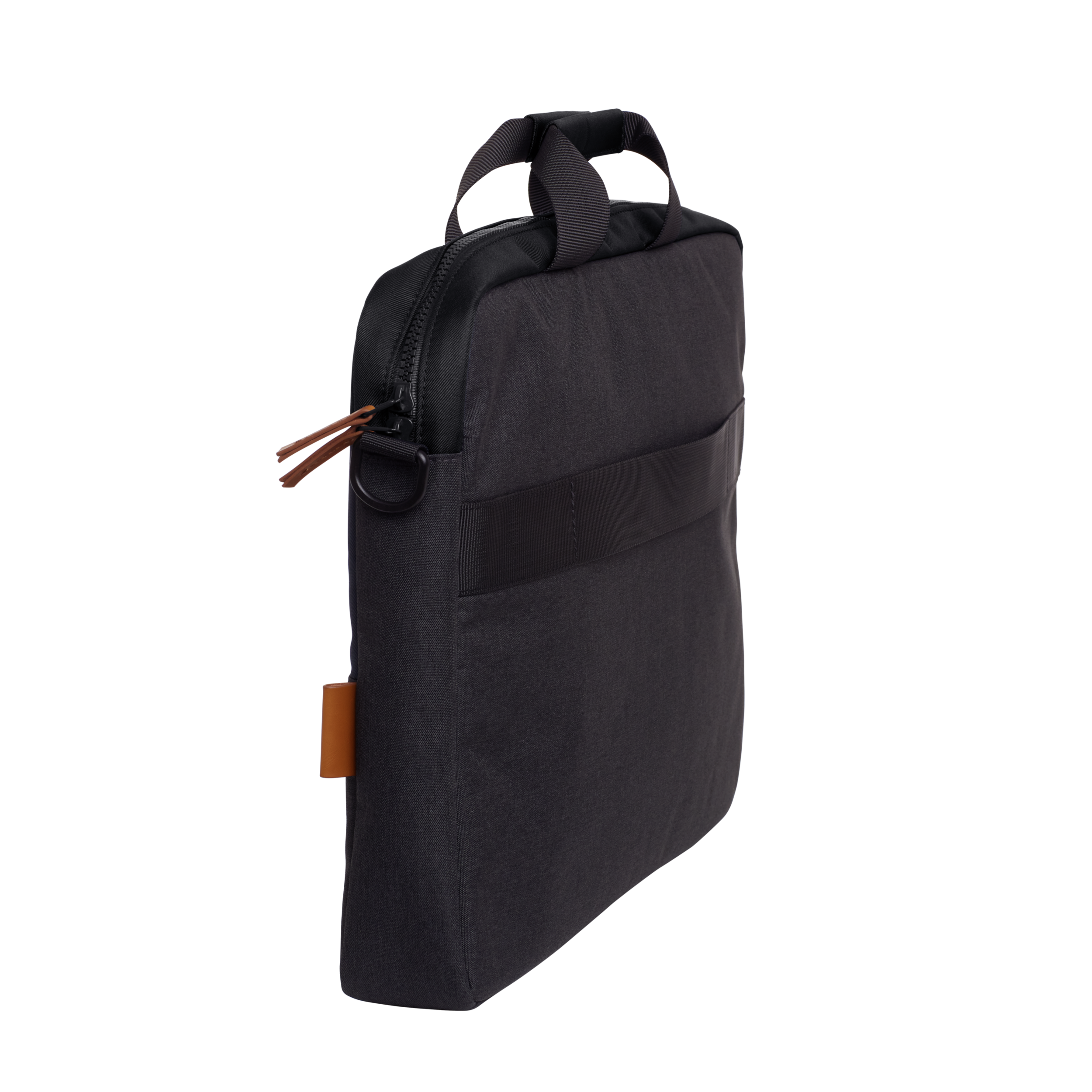 Borsa per laptop nera con manico e tracolla.