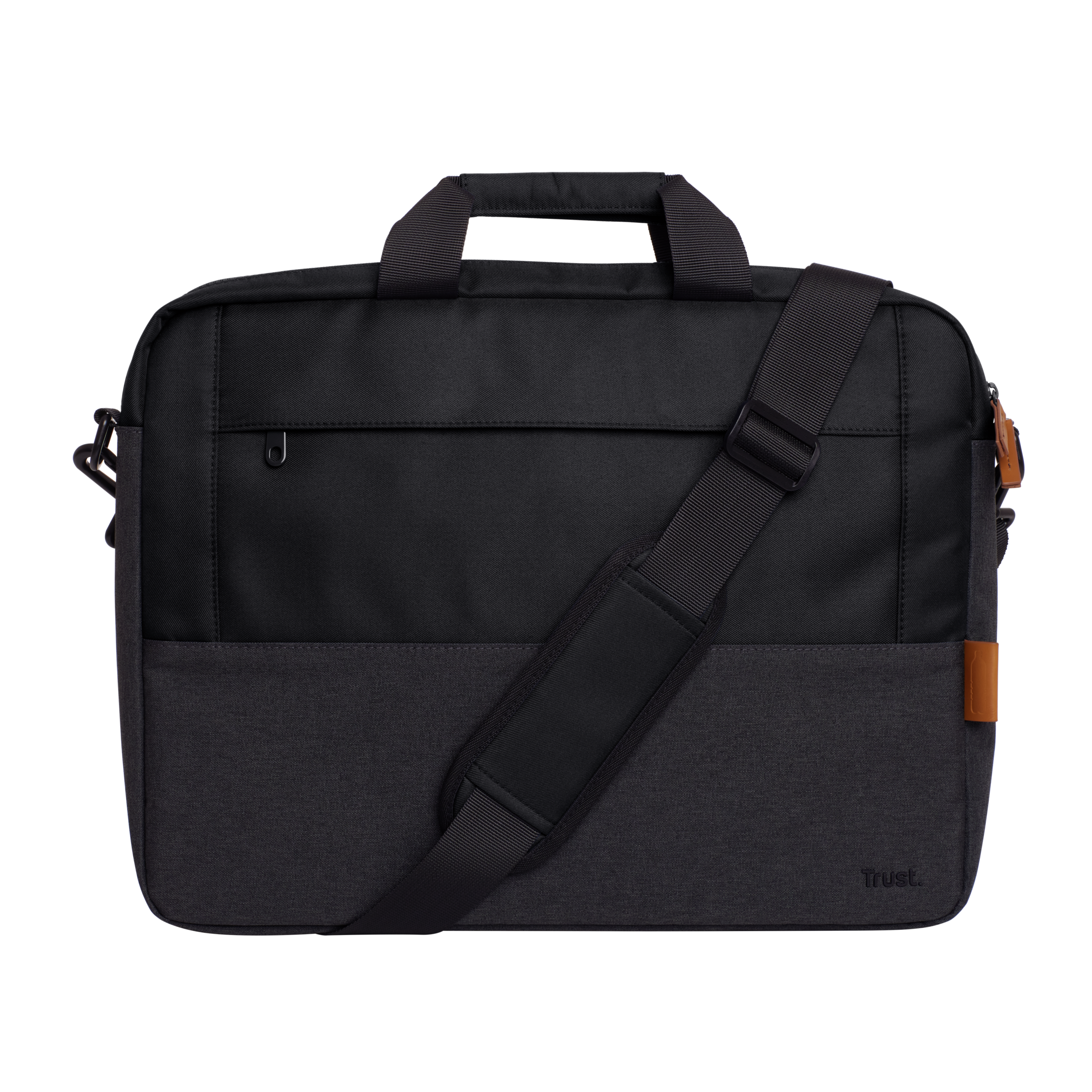 Borsa per laptop nera con manico e tracolla, con sfondo nero.