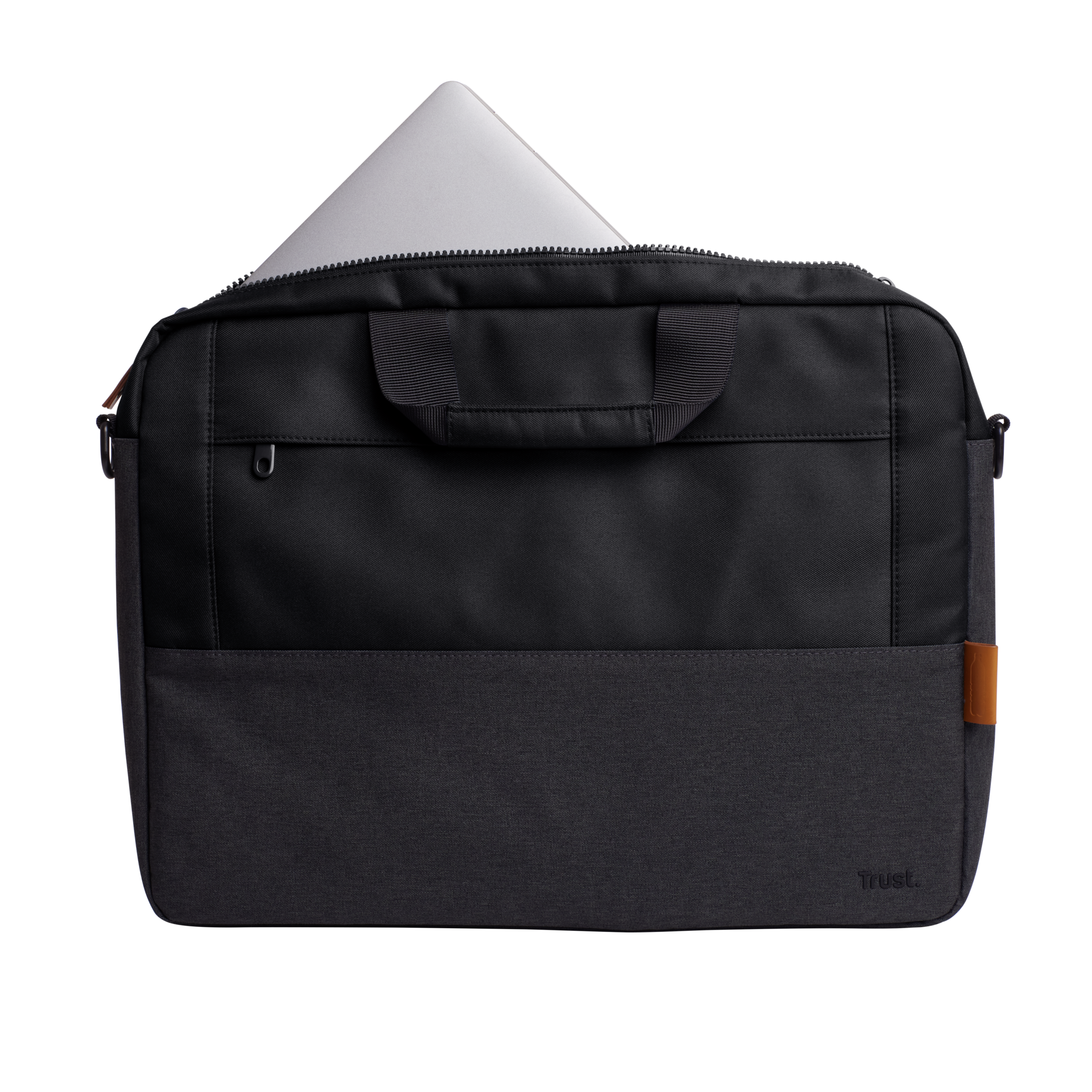 Borsa per laptop nera e grigio scuro, con un laptop all'interno, maniglia in alto.