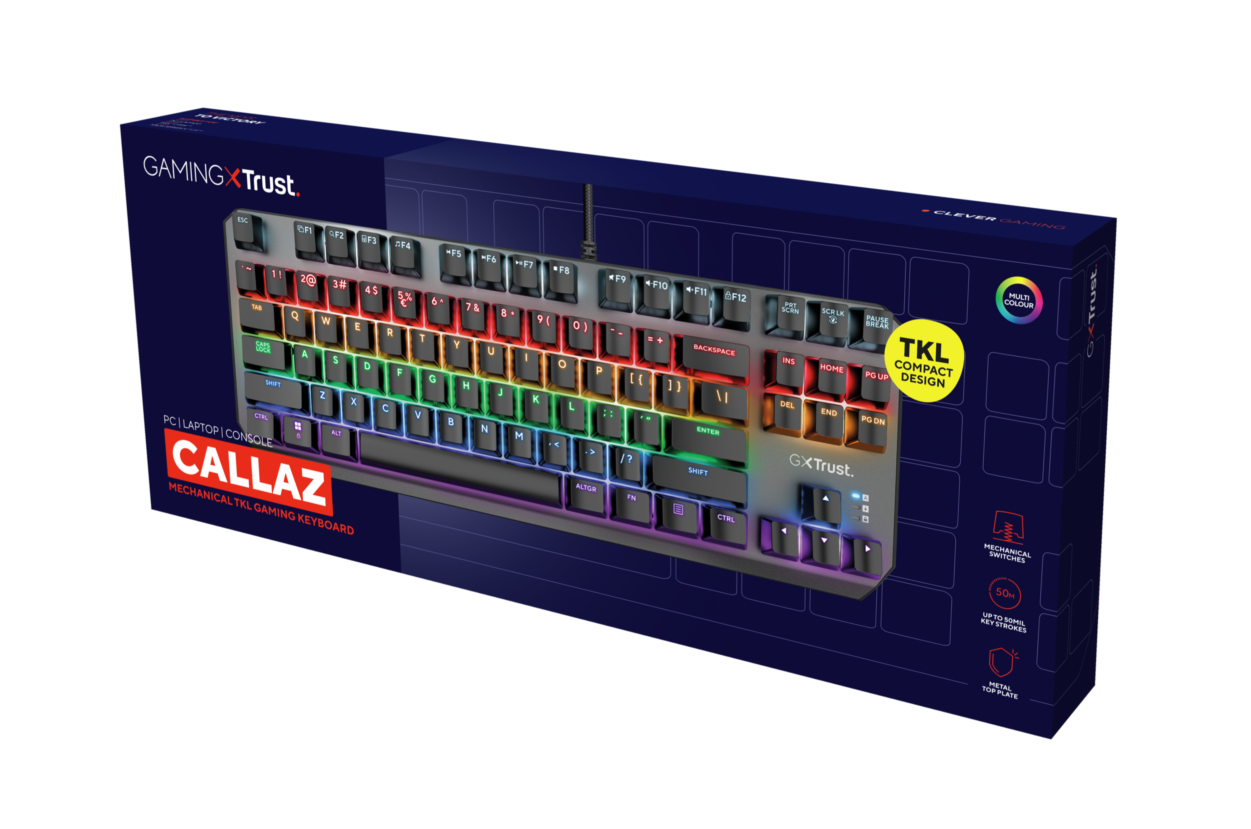 Tastiera nera con tasti arcobaleno, design TKL. Scatola: Clever Gaming. Testo: CALLAZ. TKL meccanica.