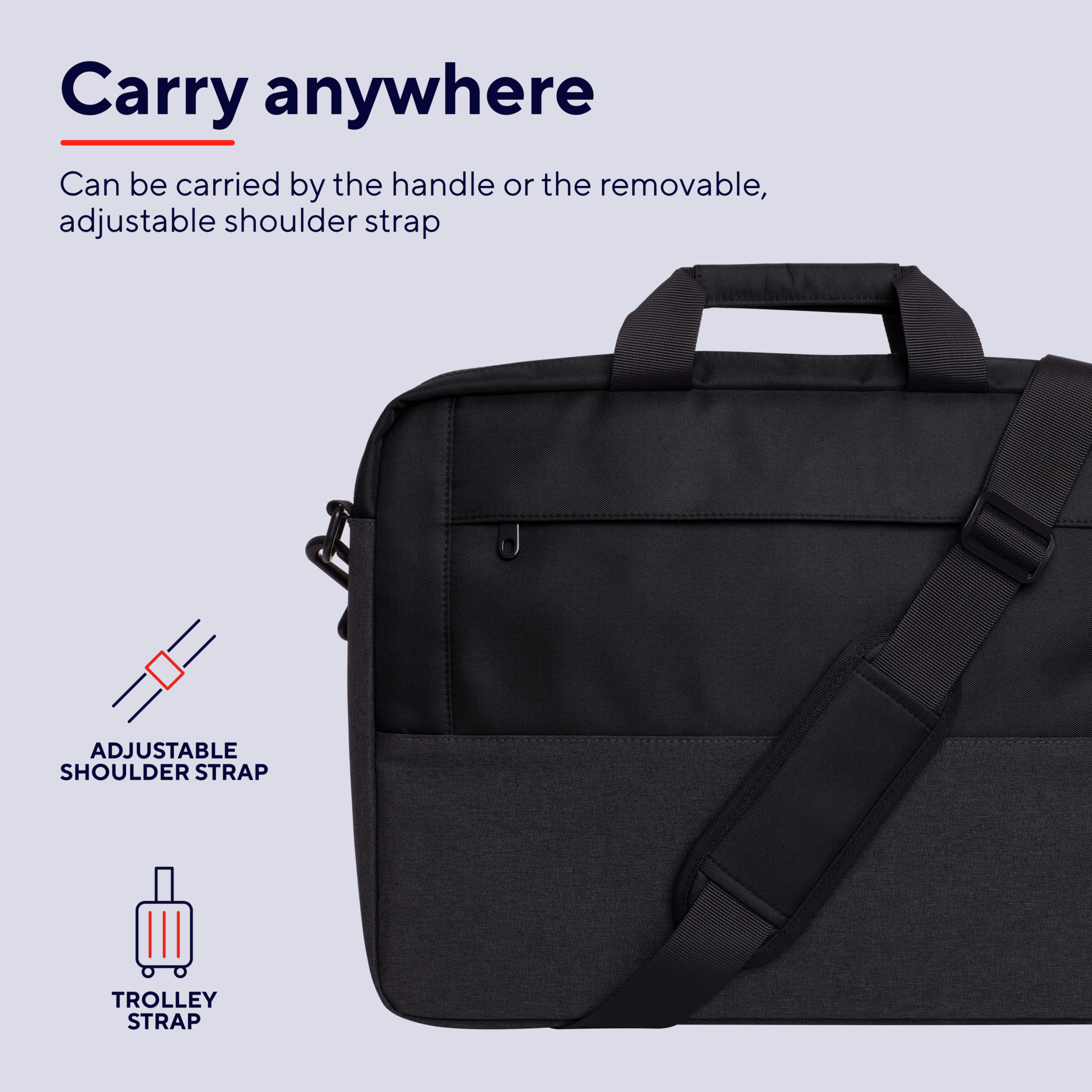 Borsa per laptop nera, con testo e icone sulle opzioni di trasporto.