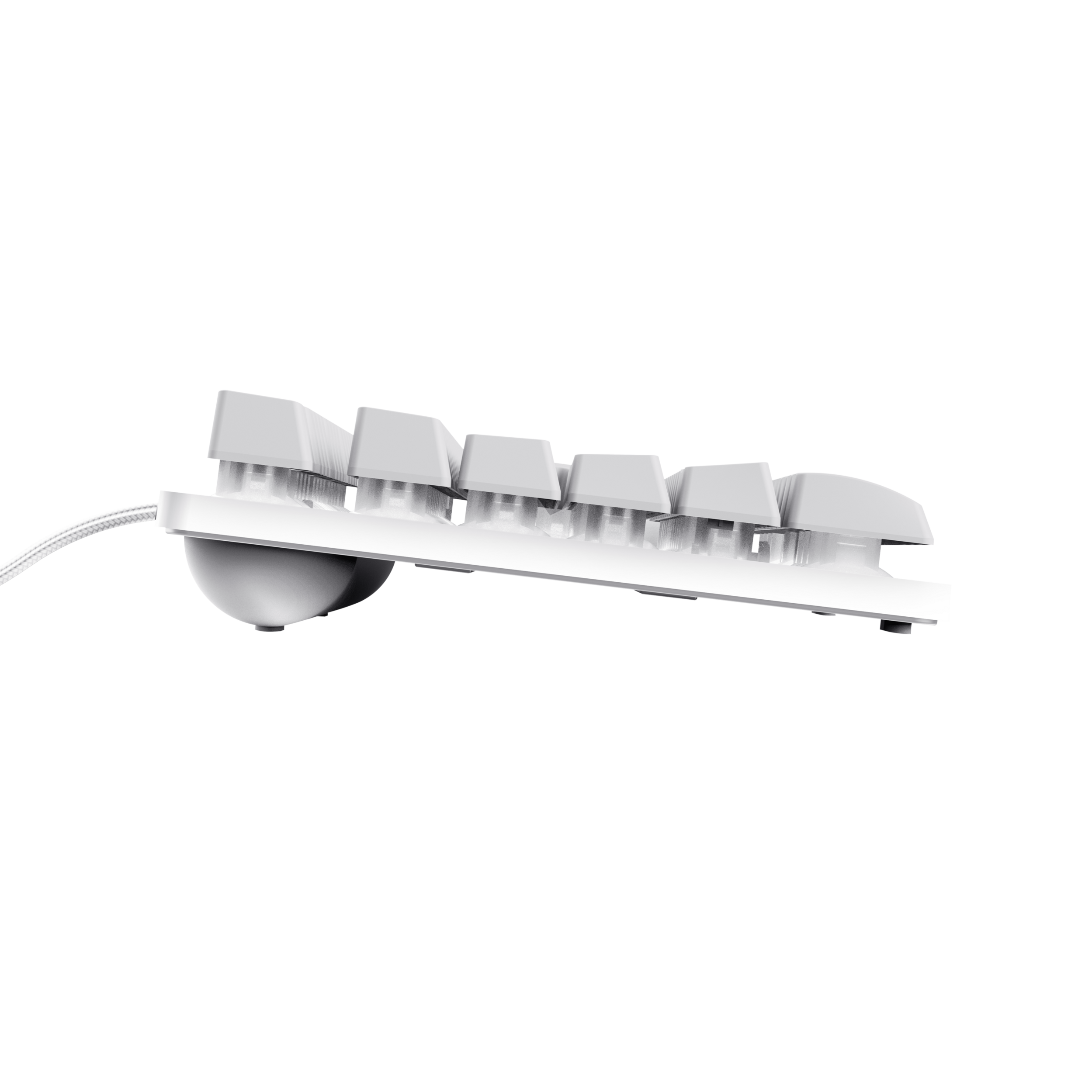 Eine weiße Tastatur mit sechs sichtbaren Tasten, Kabel befestigt. Schwarzer Hintergrund.