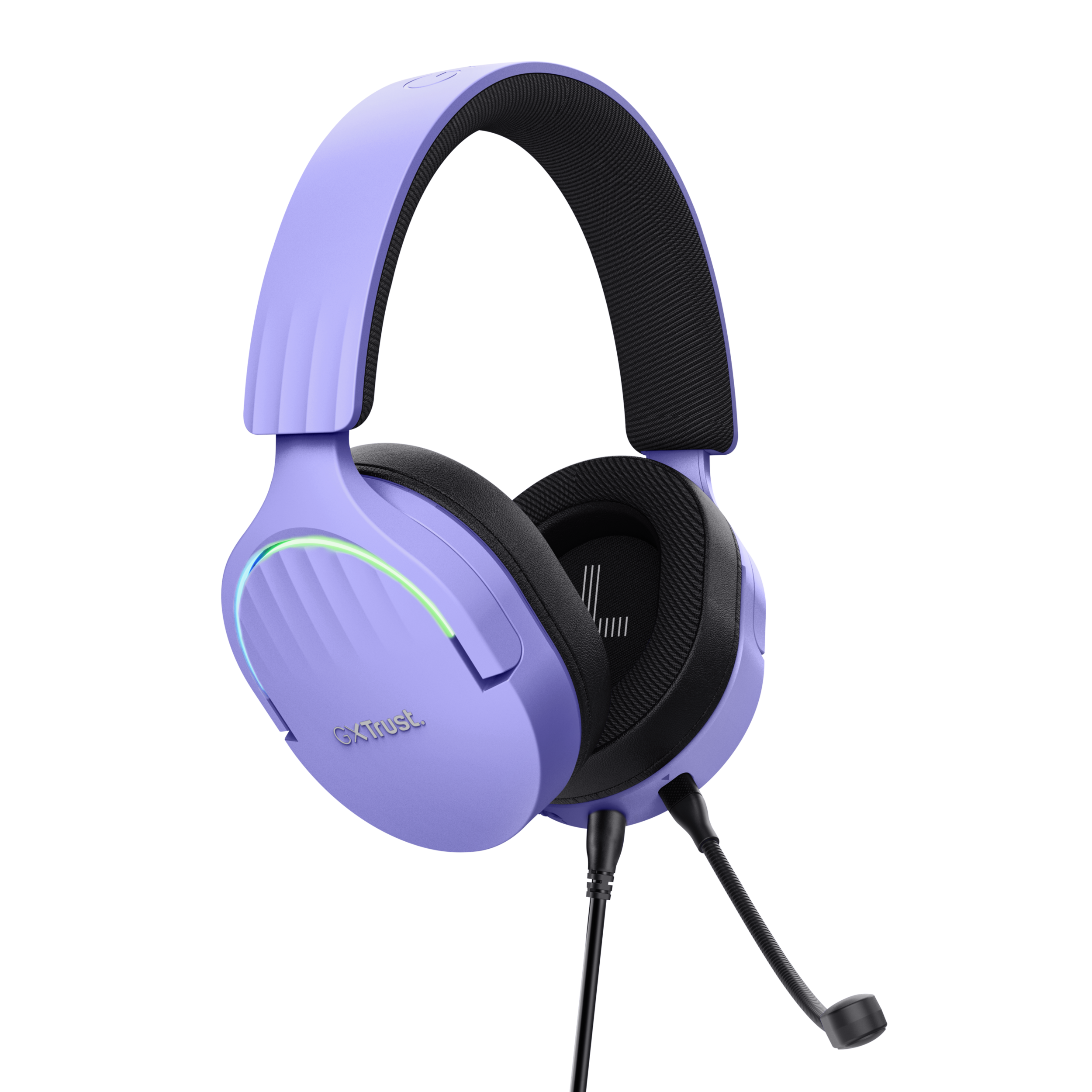 Fioletowy zestaw słuchawkowy dla graczy z mikrofonem, czarne tło.