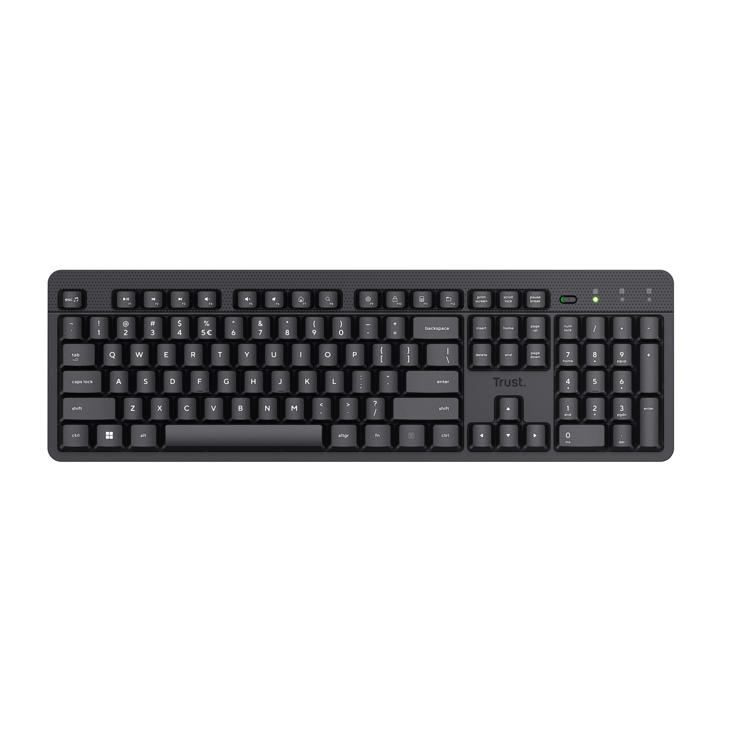 Czarna klawiatura. Logo Trust jest widoczne. Czarne tło.