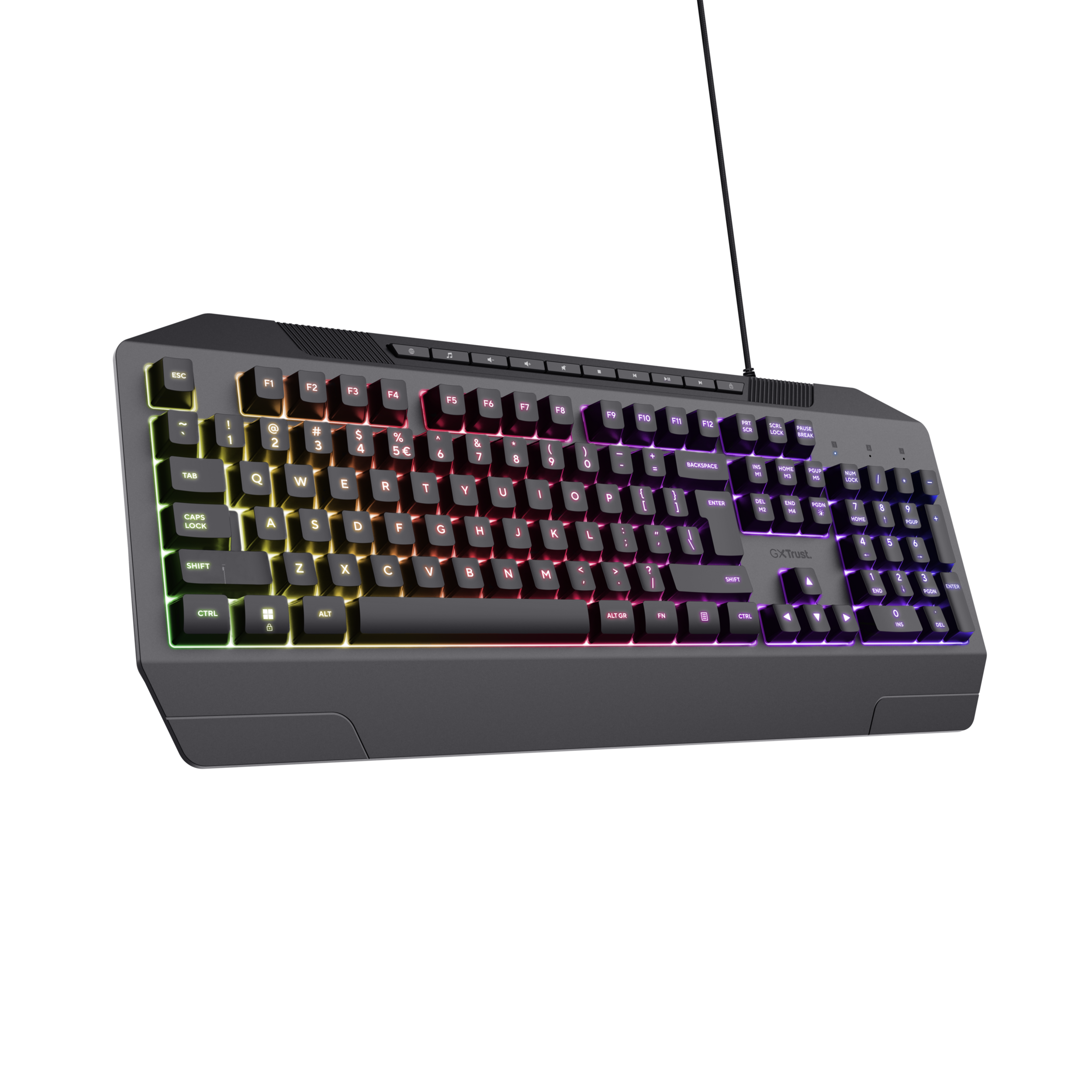 Black gaming keyboard with RGB lighting. Keys have colored illumination.