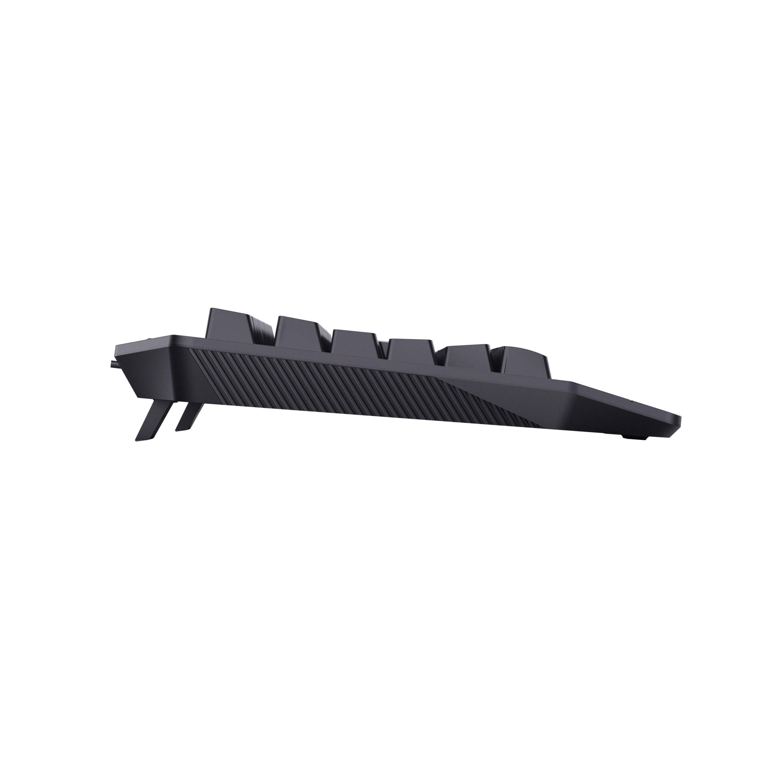 Black keyboard seen from the side, with keys facing up and a raised back.