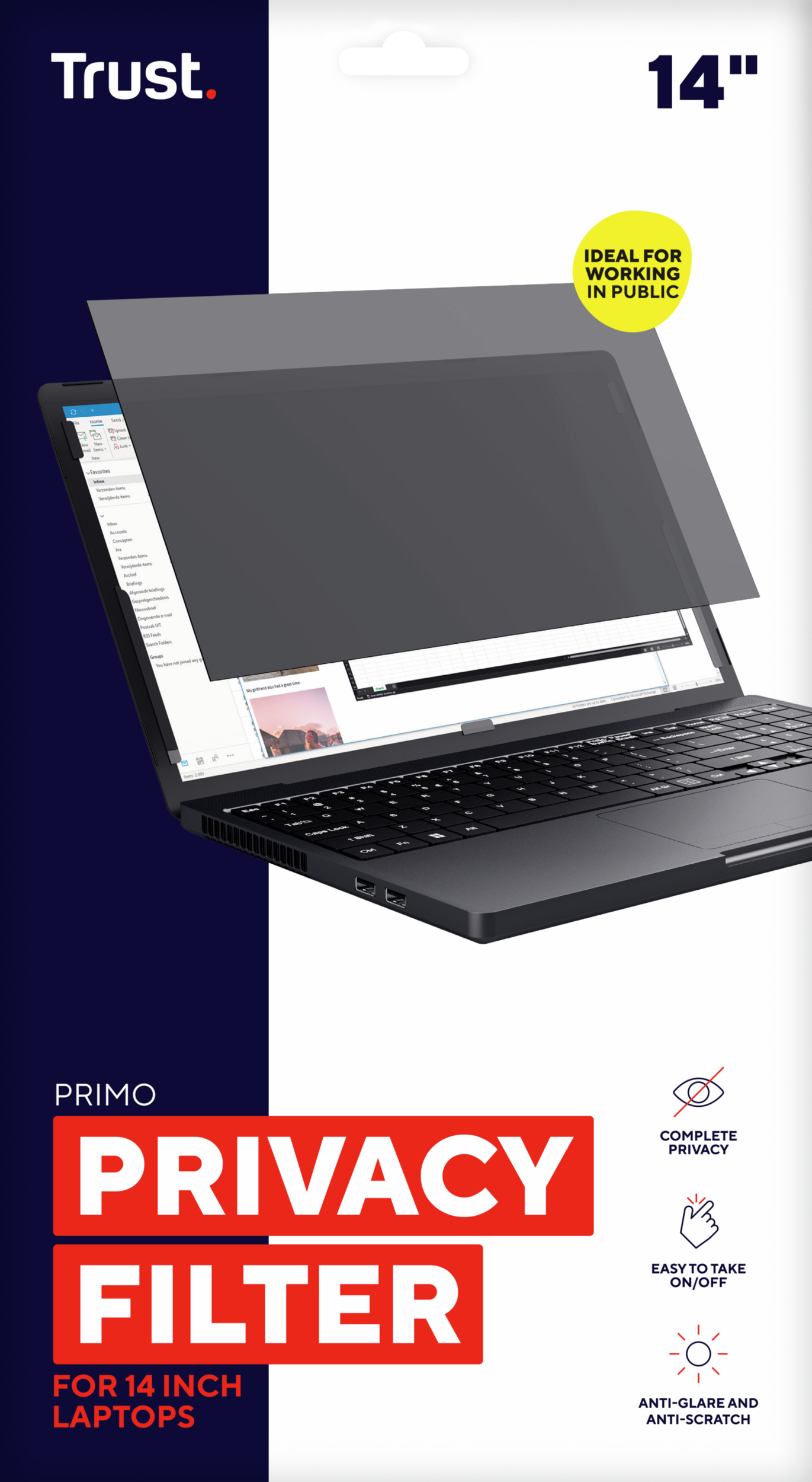 Filtro privacy per laptop su laptop. Testo: Filtro privacy Primo per laptop da 14 pollici.