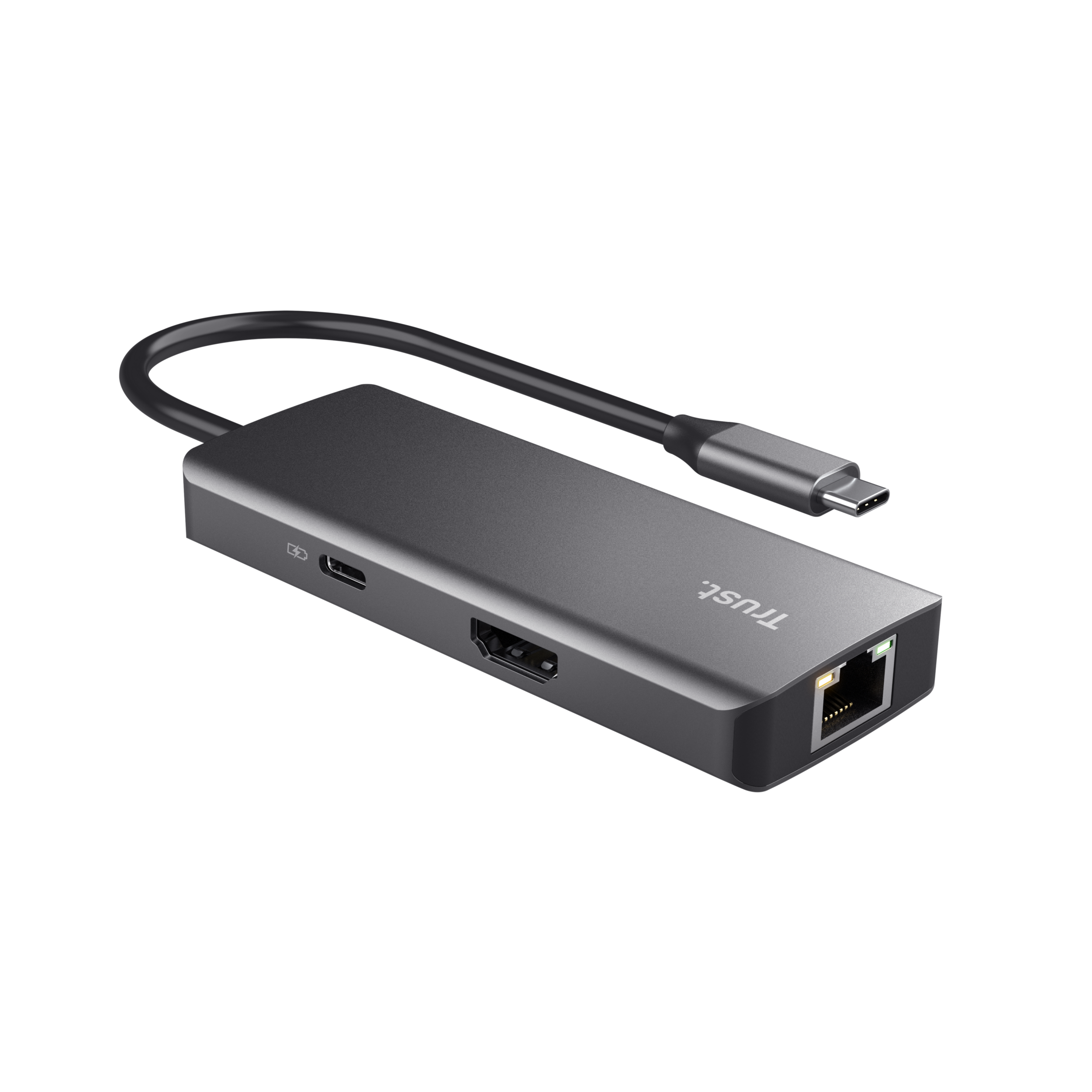 Een donkergrijze USB-C-hub met meerdere poorten. Inclusief een USB-C-connector, HDMI en Ethernet poorten.