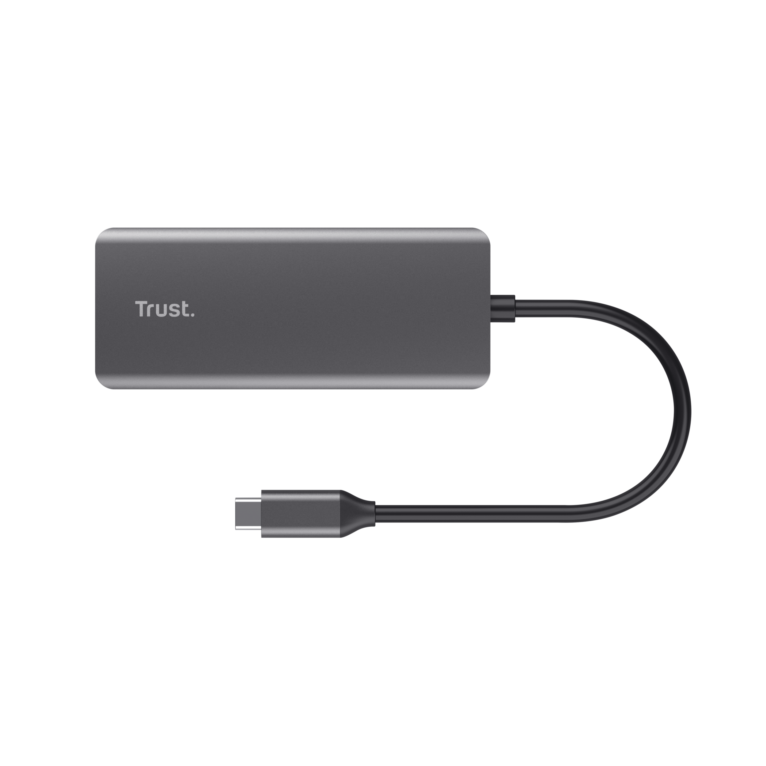Een grijze Trust USB-C hub met een zwarte kabel en een USB-C connector op een zwarte achtergrond.