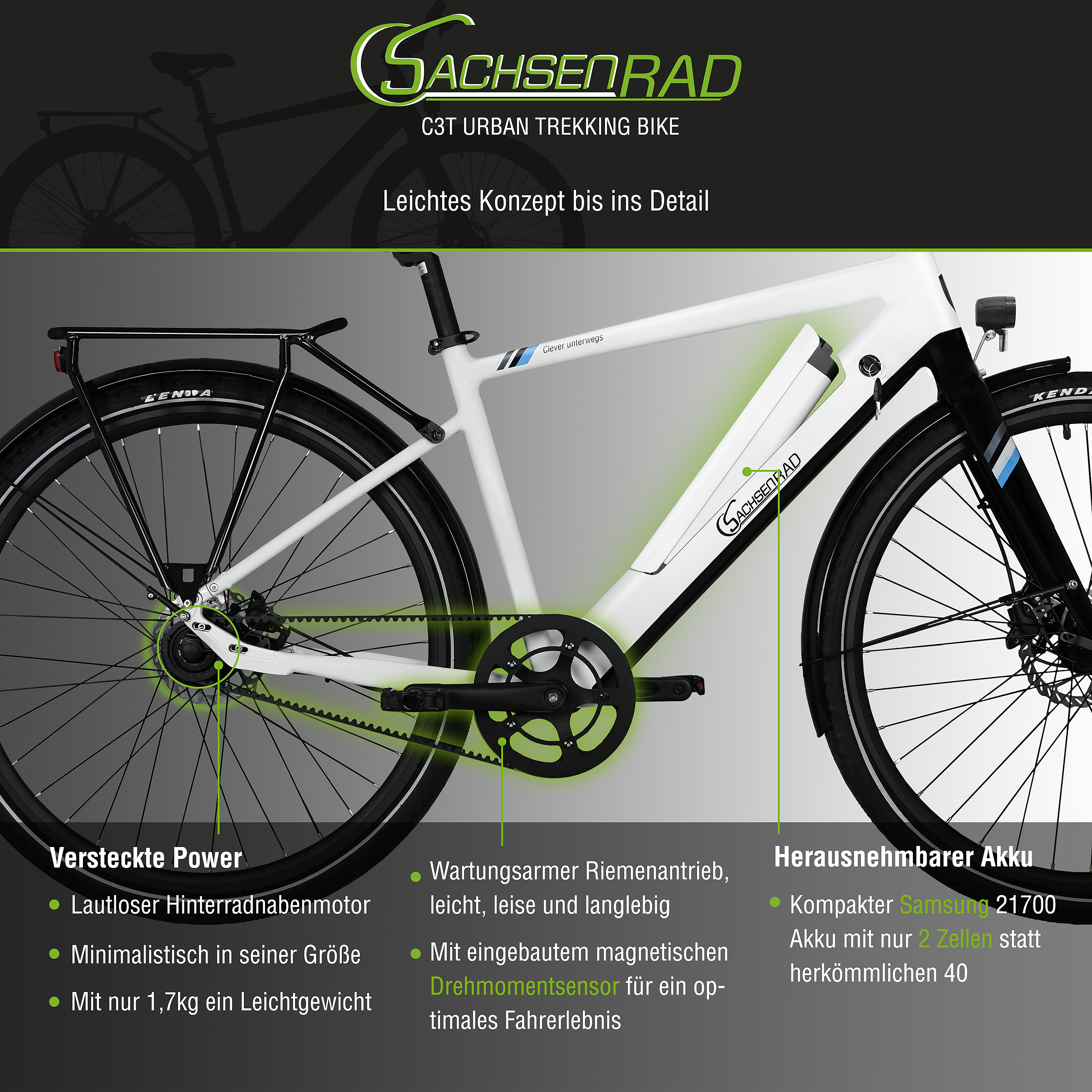 Ein Sachsenrad E-Bike. Es hat einen weißen Rahmen, schwarze Reifen und verschiedene beschriftete Komponenten. Der Hintergrund ist unscharf.