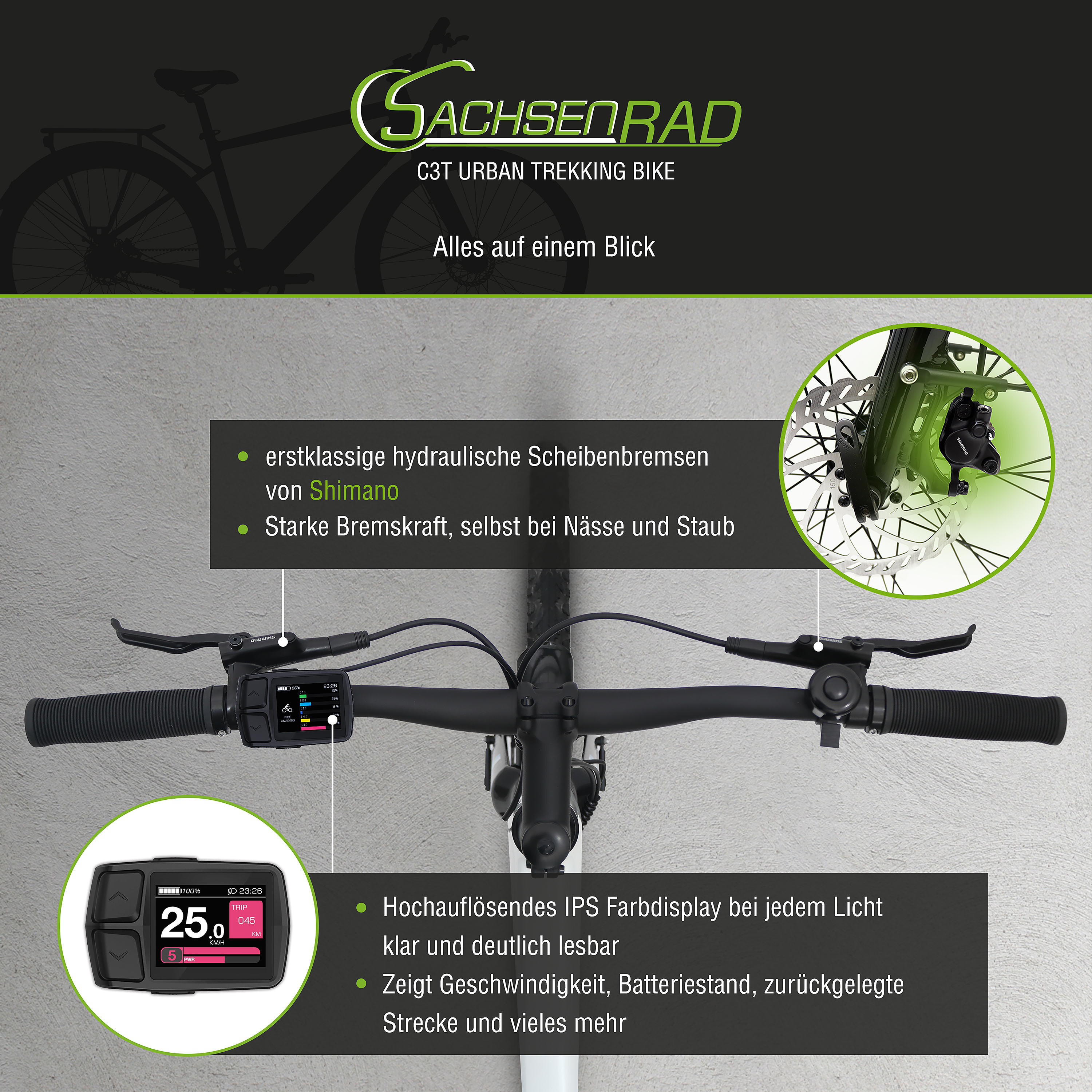 Lenker und Display eines schwarzen Fahrrads. Text: 'C3T URBAN TREKKING BIKE'.