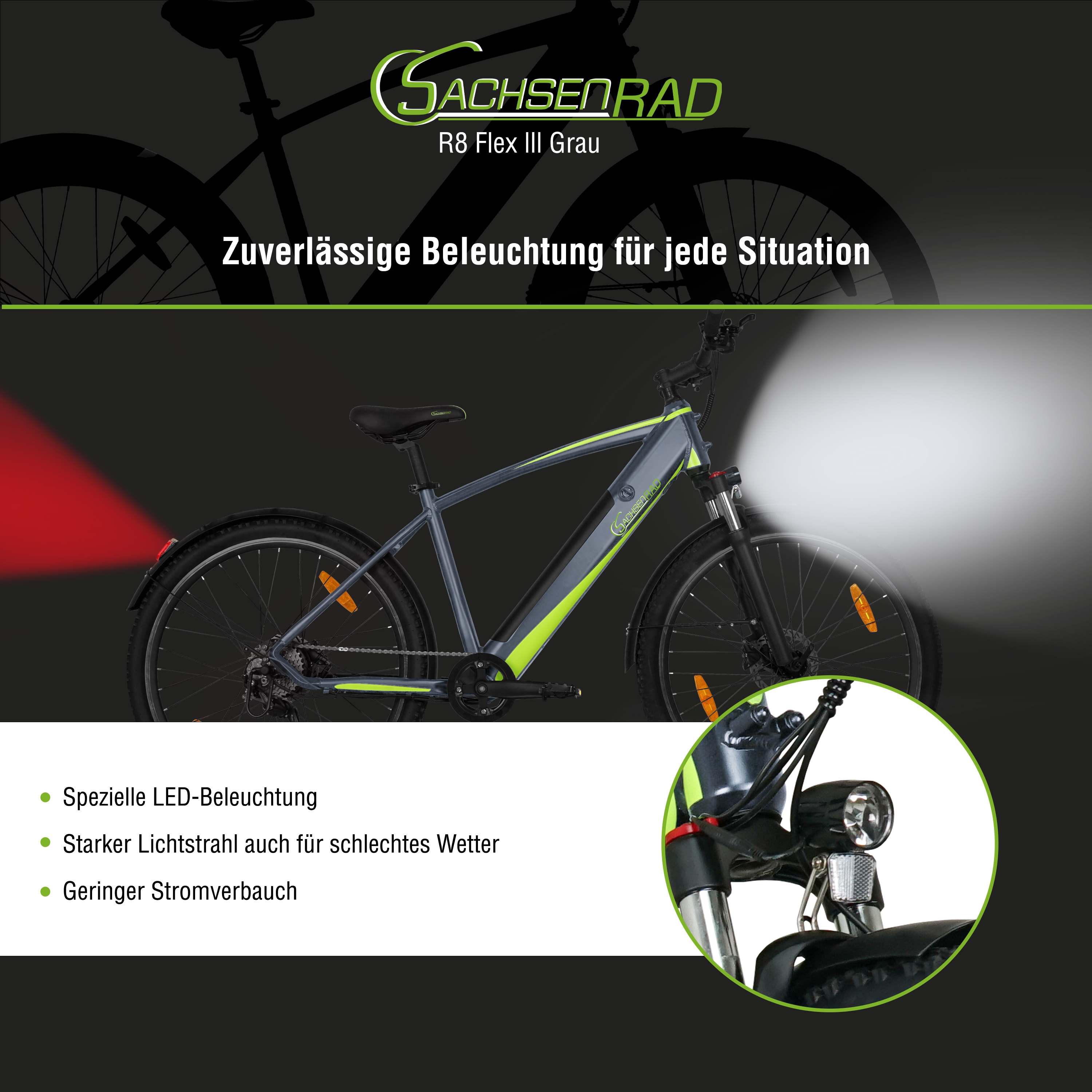 Graues Fahrrad mit grünen Akzenten, Scheinwerfer an.