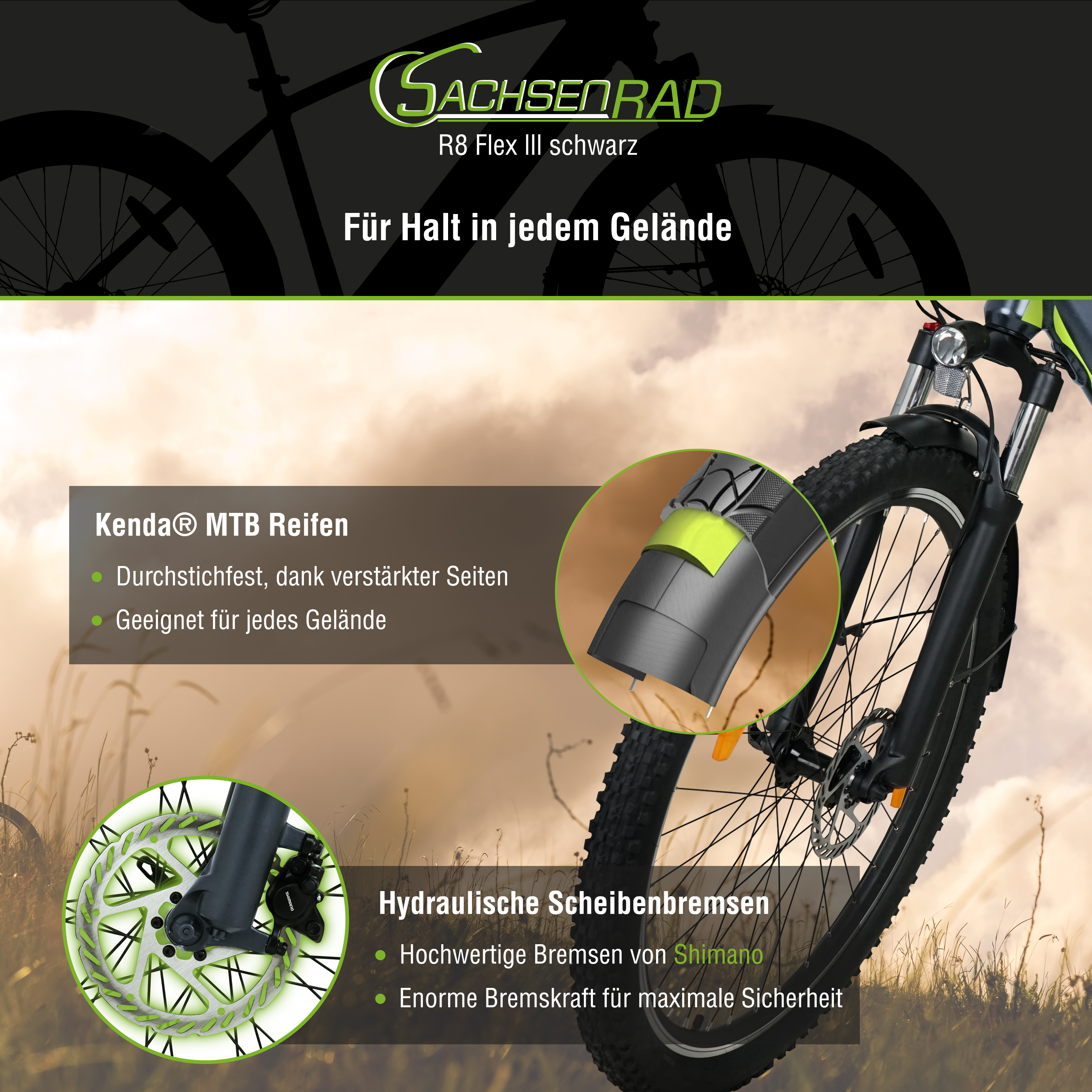 Detail eines Fahrrads mit Text über Reifen und Bremsen.