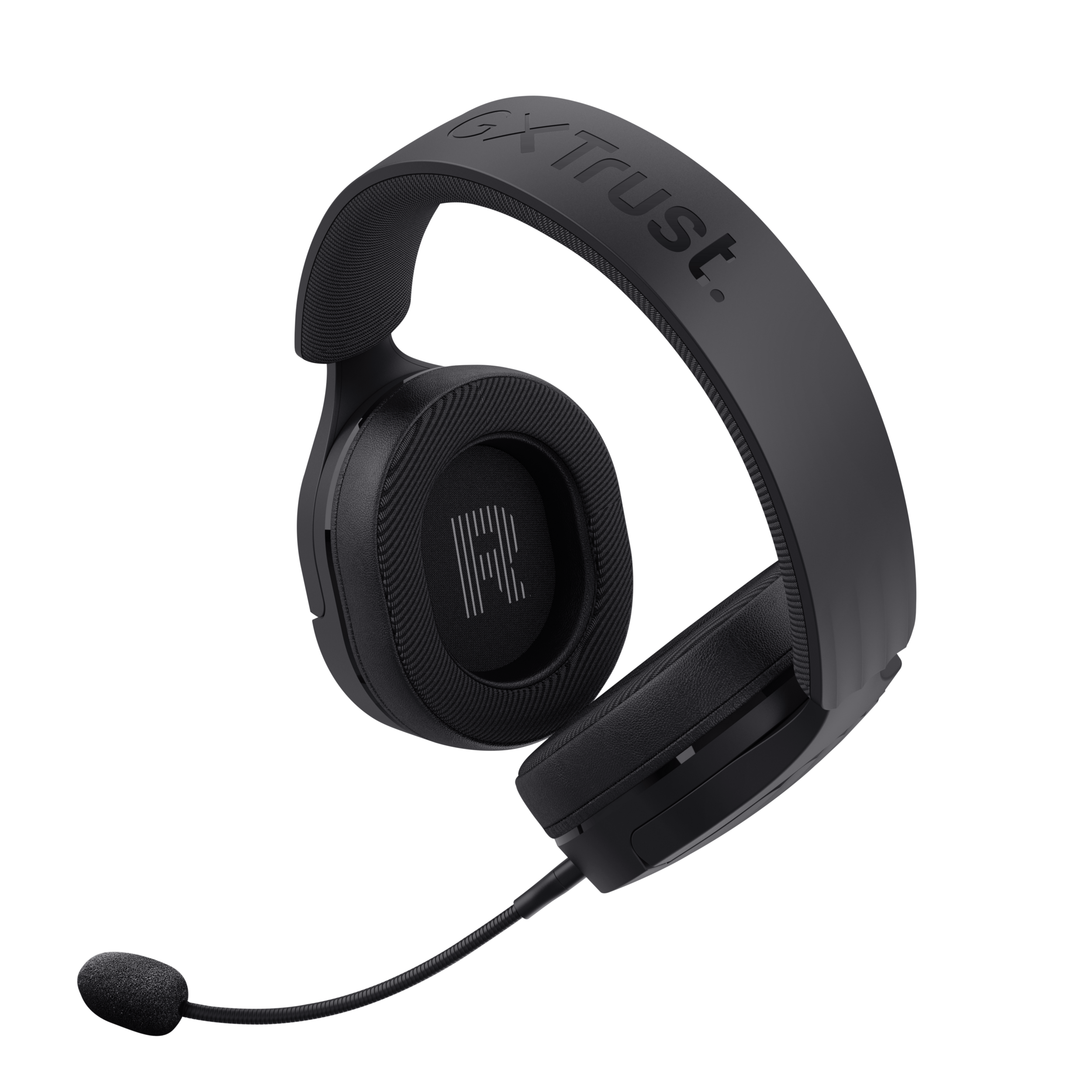 Black headset with a microphone, on a black background, angled towards the viewer.