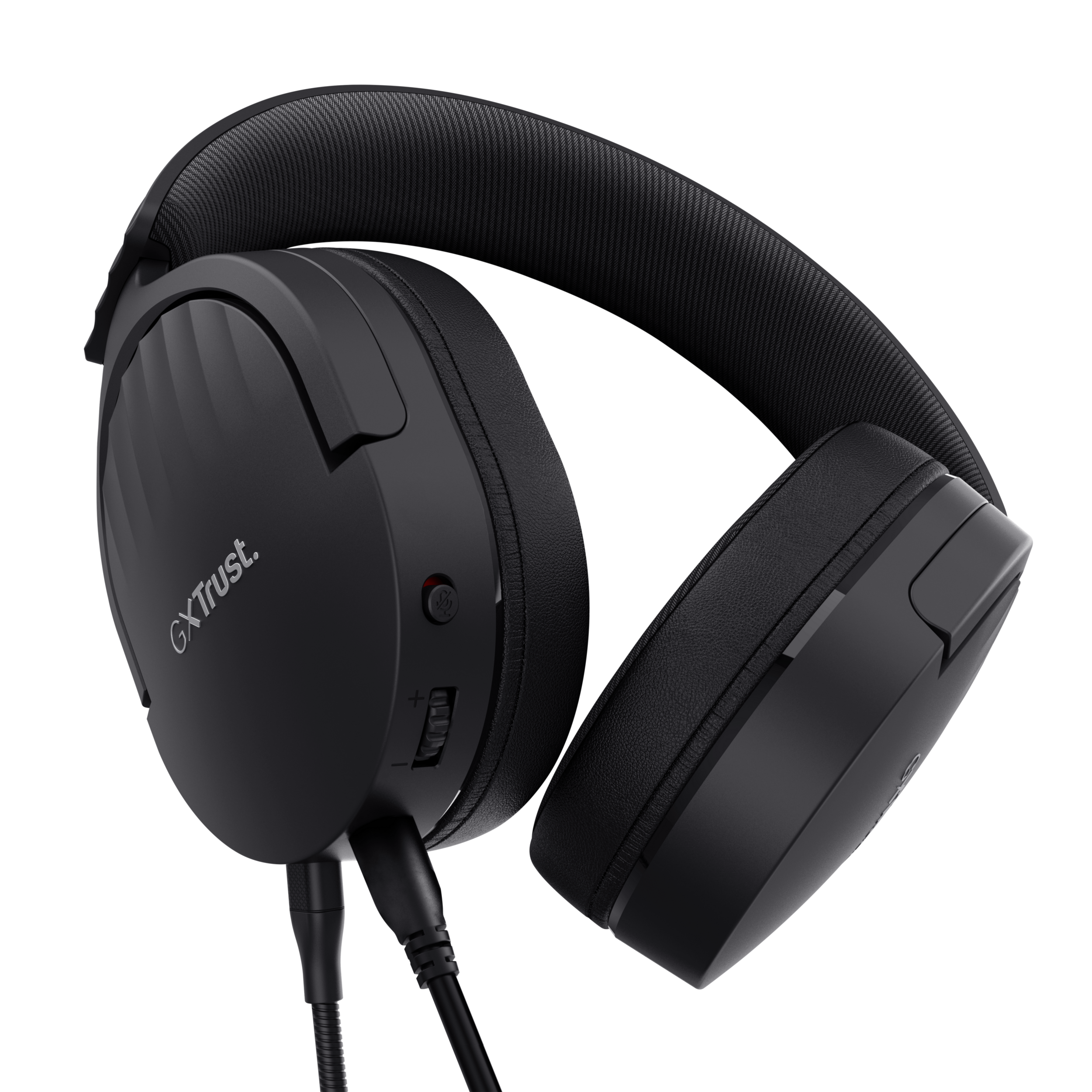 Black headphones with microphone and volume control on a black background.