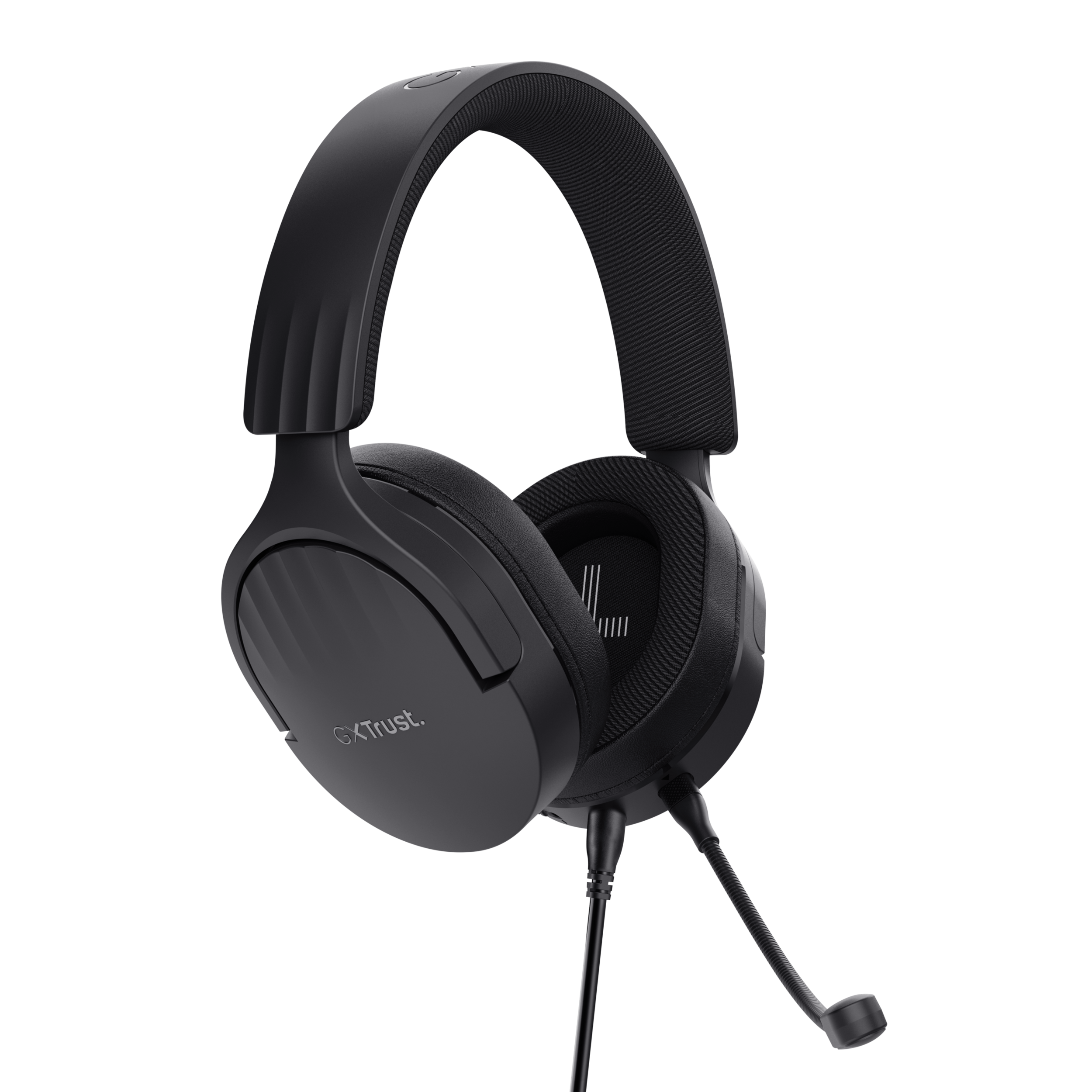 Black gaming headset with microphone. Angled view against a black background.