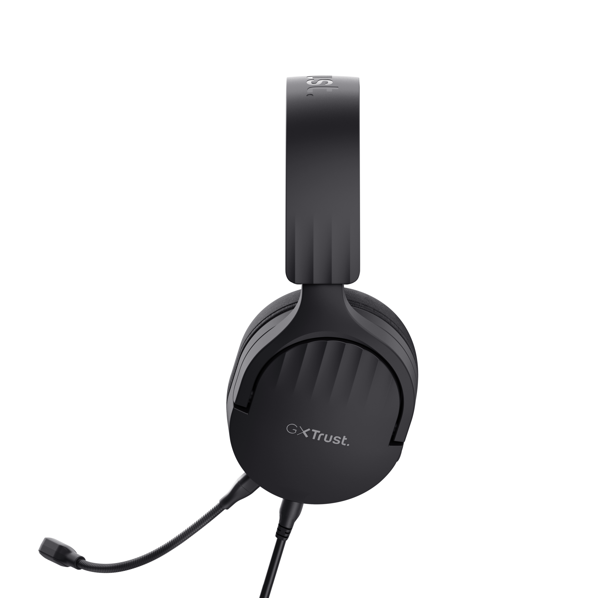 Black headphones with a microphone.  GXTtrust logo. Dark background.