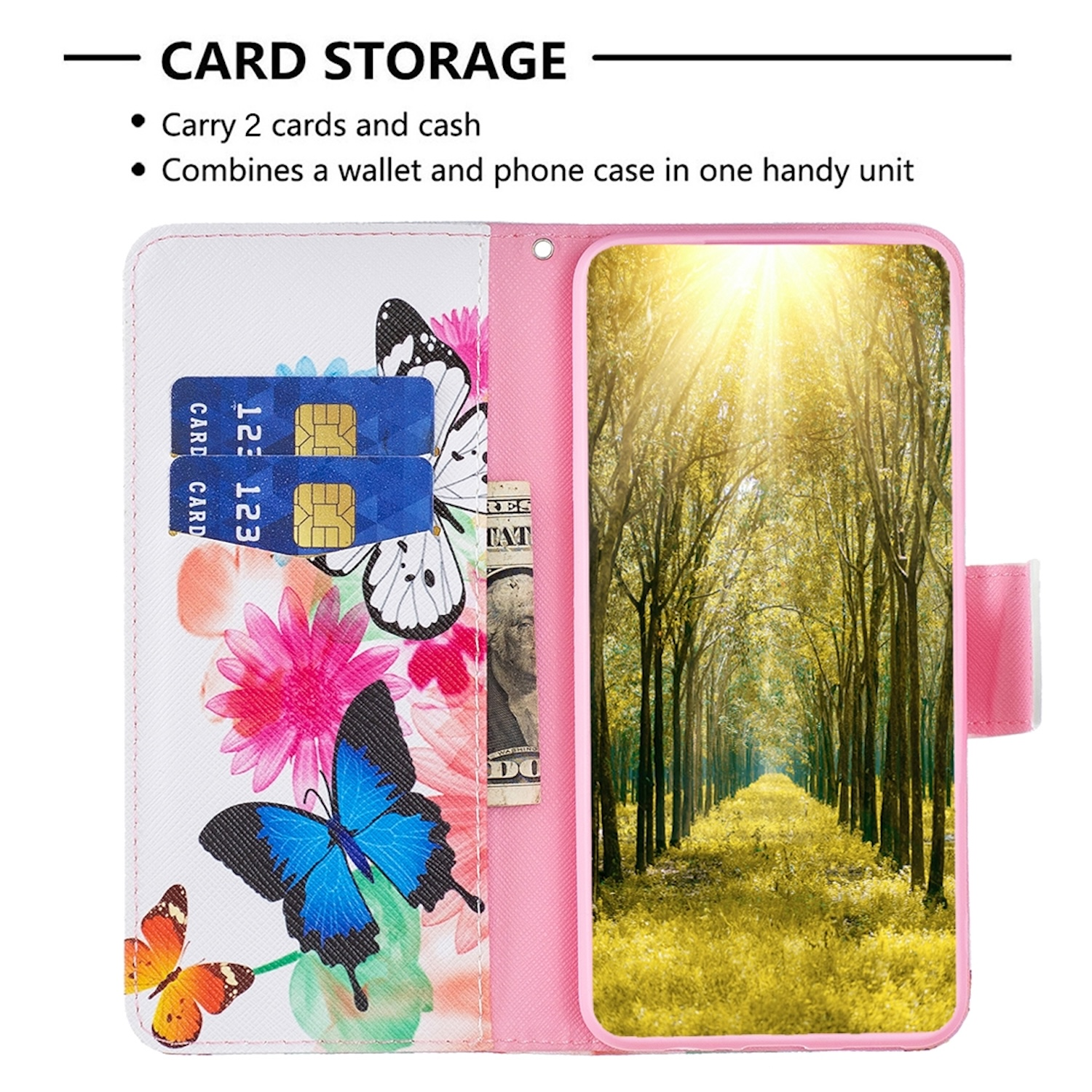 Ein rosa Geldbörsenetui mit Schmetterlingsdesign. Das Etui ist geöffnet und zeigt Karten, Geld und ein Telefon.