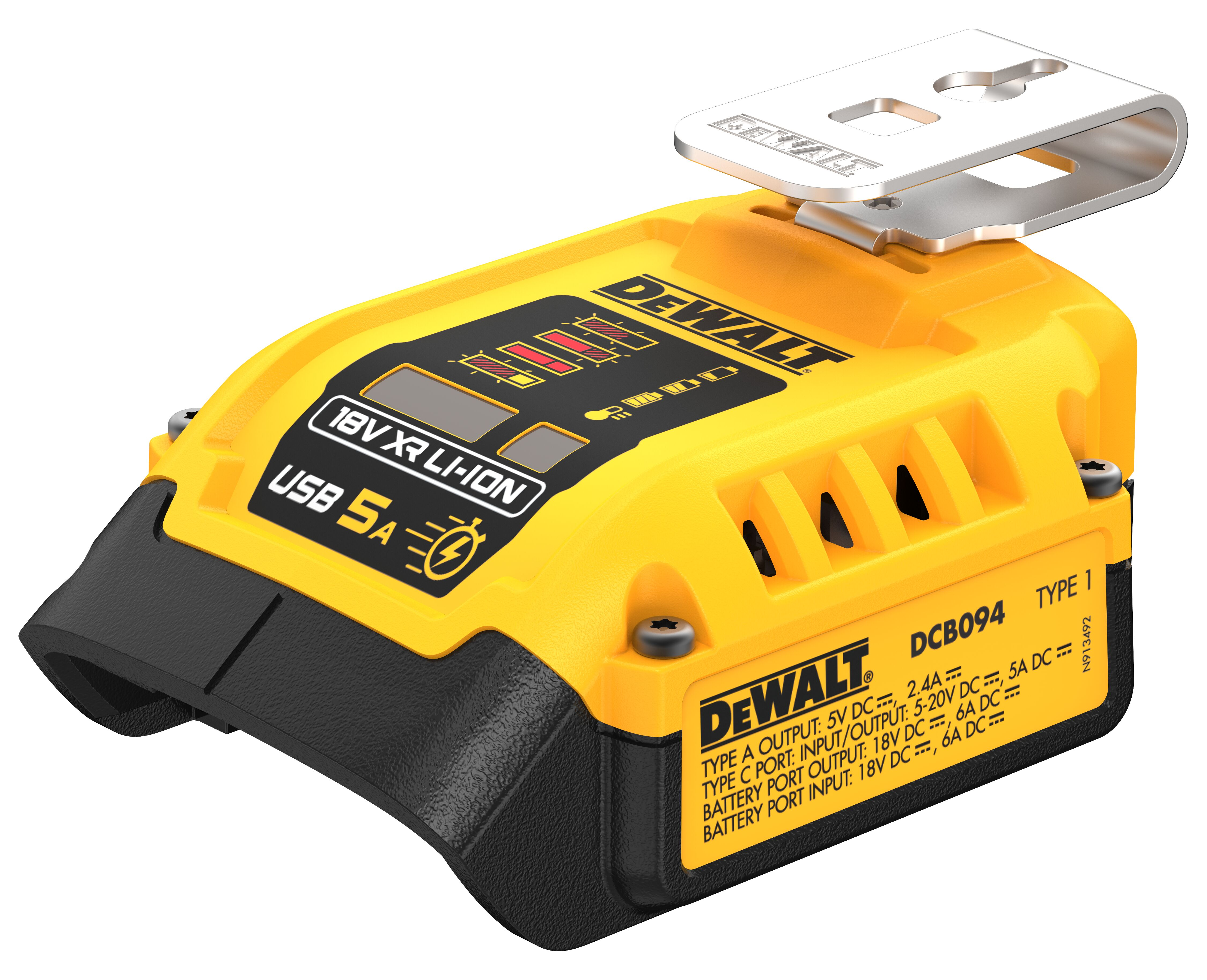Gelb-schwarzes Dewalt 18V XR Li-Ion USB 5A Batterieladegerät.
