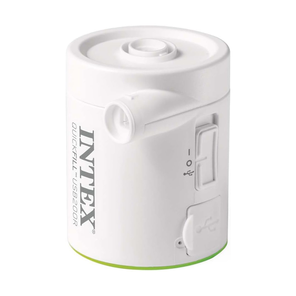 Weiße und grüne INTEXT USB200R Luftpumpe. Hat Ein/Aus-Schalter, USB-Anschluss und Luftauslass.