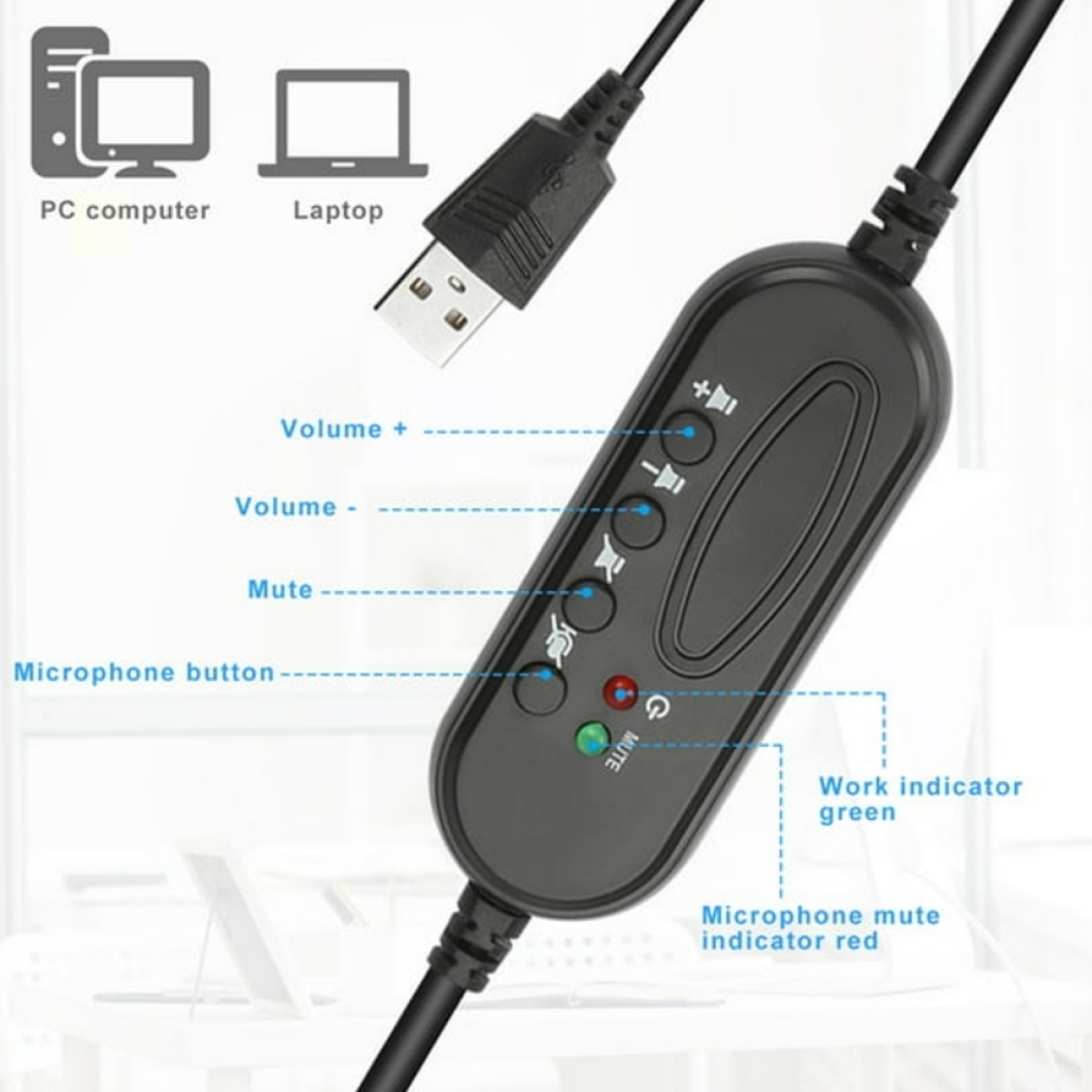 Schwarze USB-Audiosteuerung mit Knöpfen und Kabel sowie PC- und Laptop-Symbolen.