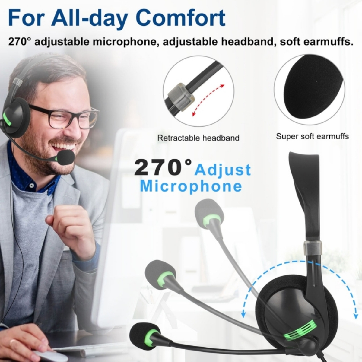 Ein Mann mit Headset mit 270° verstellbarem Mikrofon und weichen Ohrmuscheln lächelt.