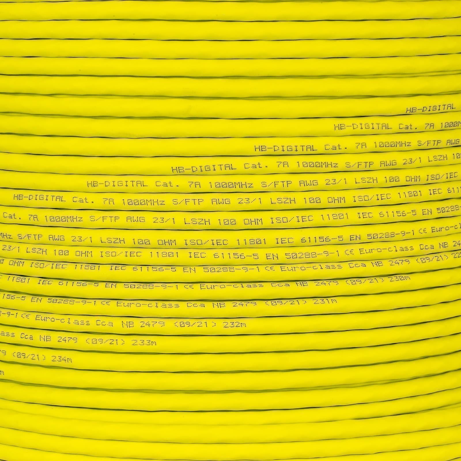 Gelbes Kabel mit schwarz-weißem Text. Der Text lautet: HB-DIGITAL Cat. 7A 1000MHz S/FTP.