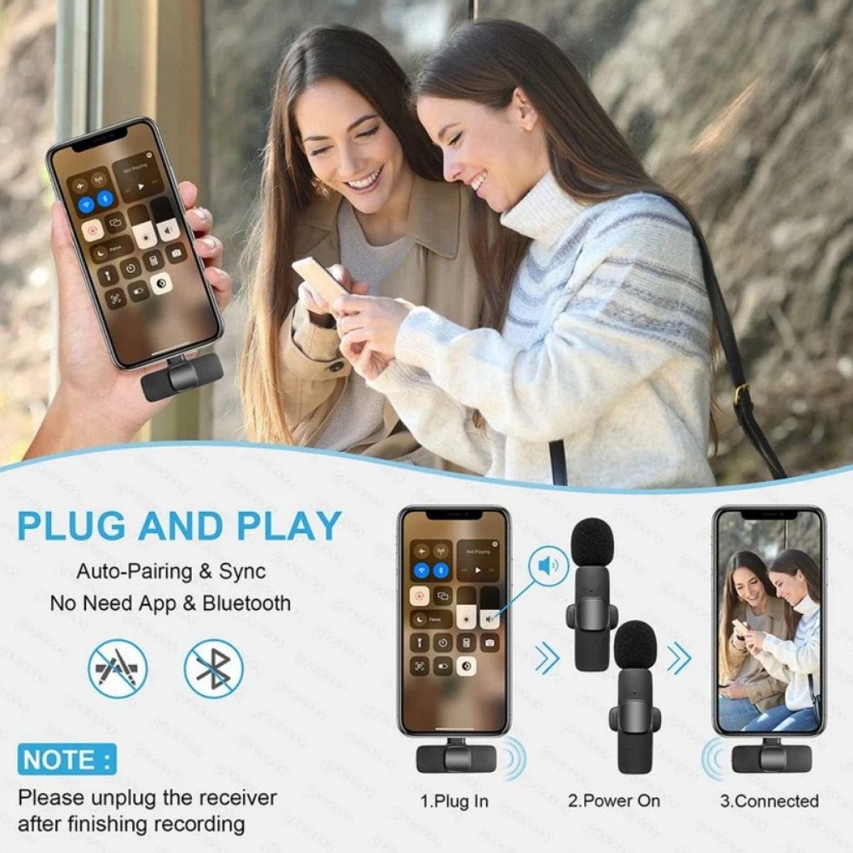 Zwei Frauen mit Handys, Produktbilder von Mikrofonen, Text: Plug and Play.