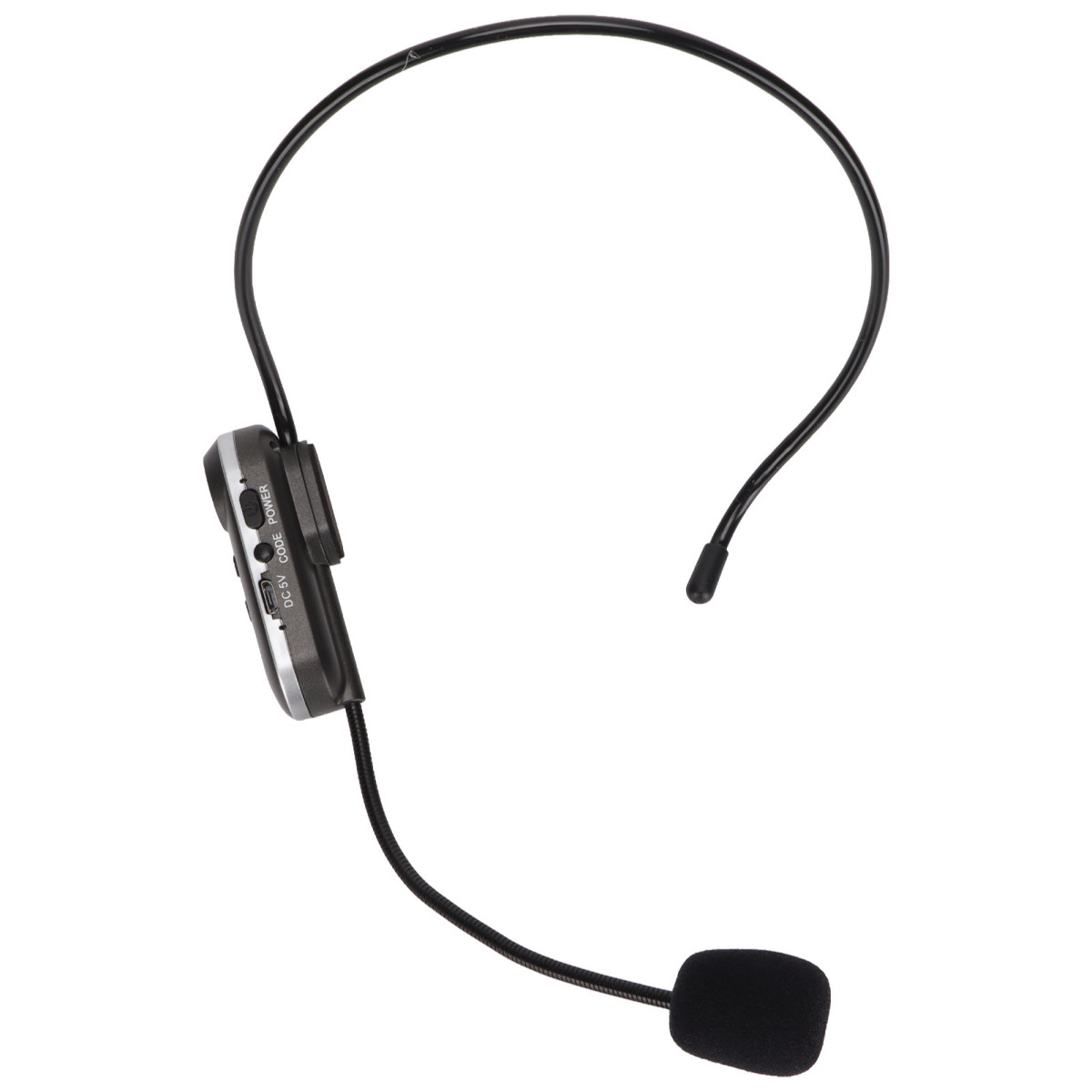 Headset-Mikrofon. Schwarz und Grau. Bedienfeld. Mikrofon am Ausleger. Weißer Hintergrund.
