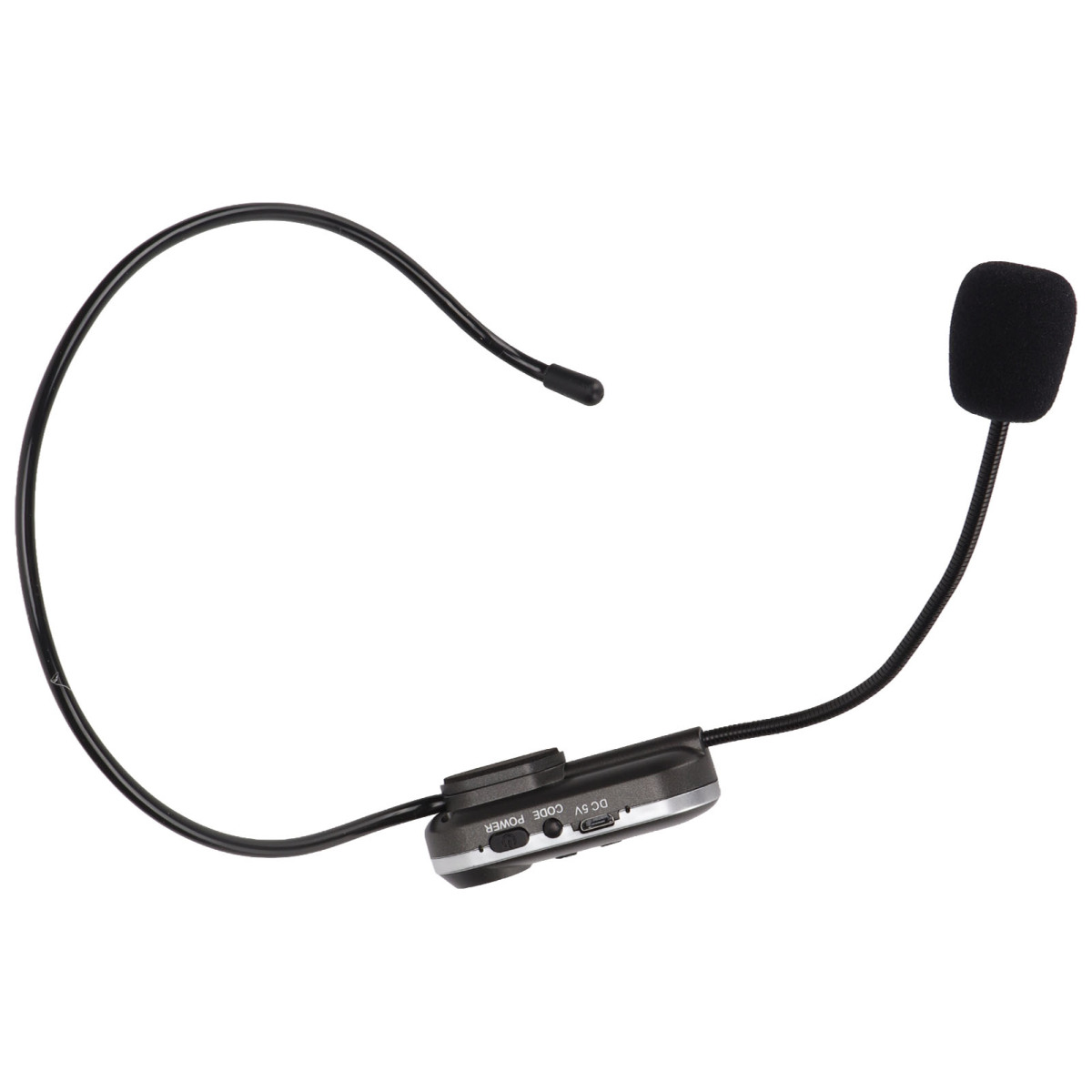 Schwarzes Headset-Mikrofon mit gebogenem Arm und Bedienelementen sowie einem schwarzen Empfänger.