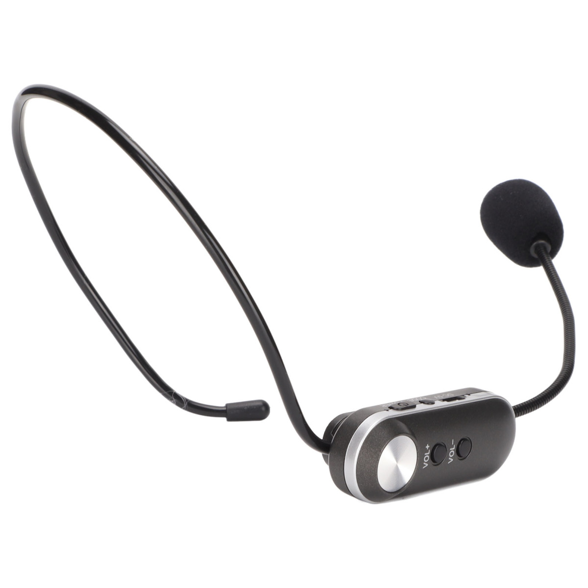 Ein schwarzes Headset-Mikrofon mit flexiblem Ausleger und Bedienfeld. Die Bedienelemente umfassen Lautstärkeregelungen.