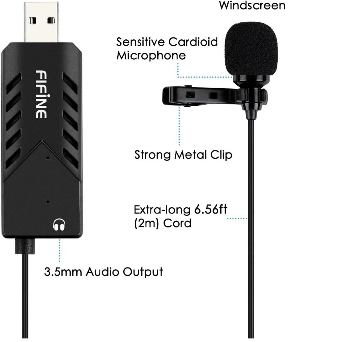 Ein Mikrofon mit USB-Anschluss und Metallclip. Das Mikrofon ist schwarz mit Windschutz.