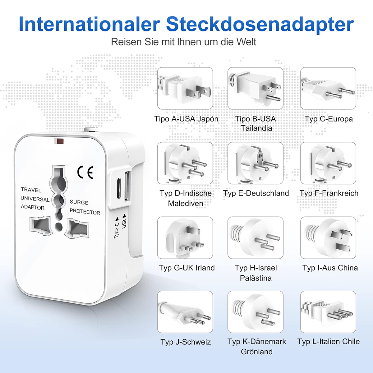 Universal-Reiseadapter mit mehreren Steckertypen.