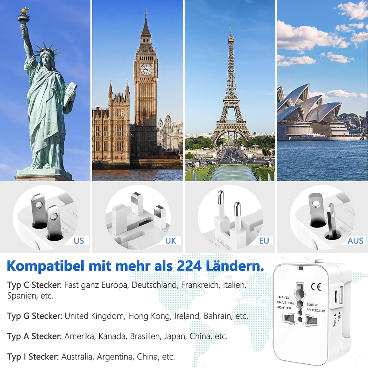 Bilder berühmter Sehenswürdigkeiten und Adapterstecker für verschiedene Regionen, Reise-Universaladapter.