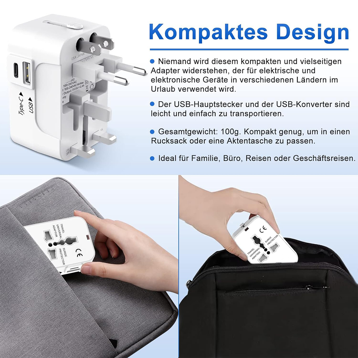 Weißer Reiseadapter mit mehreren Steckerkonfigurationen. Zwei Hände zeigen die Verwendung des Adapters.